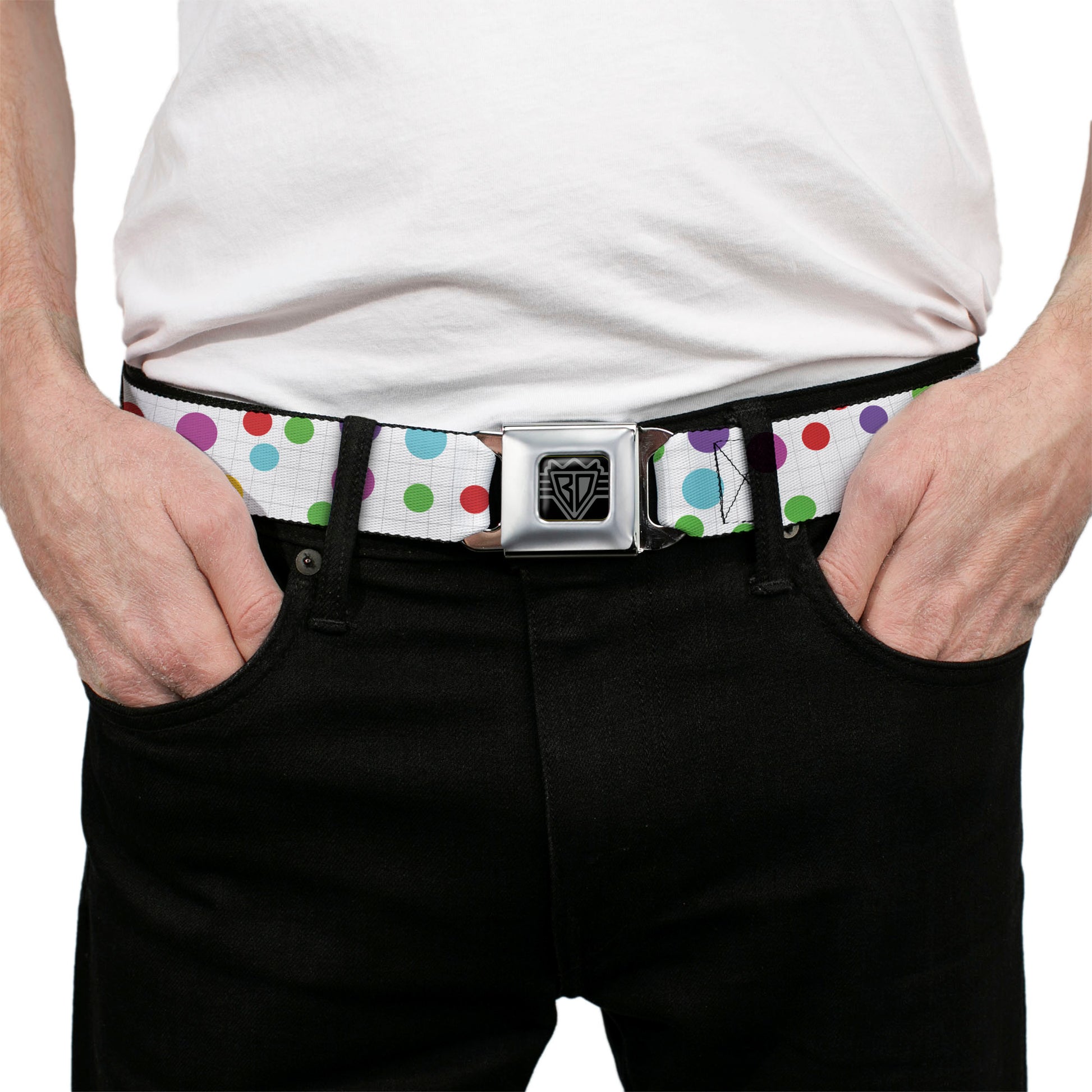 BD Wings Logo CLOSE-UP Full Color Black Silver Seatbelt Belt - Dots/Grid White/Gray/Multi Color Webbing Seatbelt Belts Buckle-Down