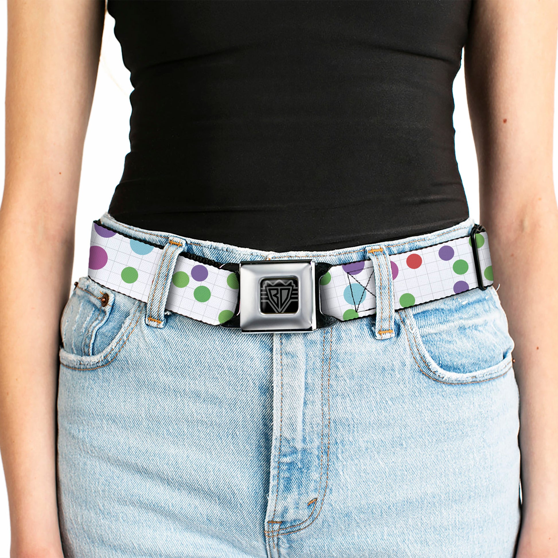 BD Wings Logo CLOSE-UP Full Color Black Silver Seatbelt Belt - Dots/Grid White/Gray/Multi Color Webbing Seatbelt Belts Buckle-Down
