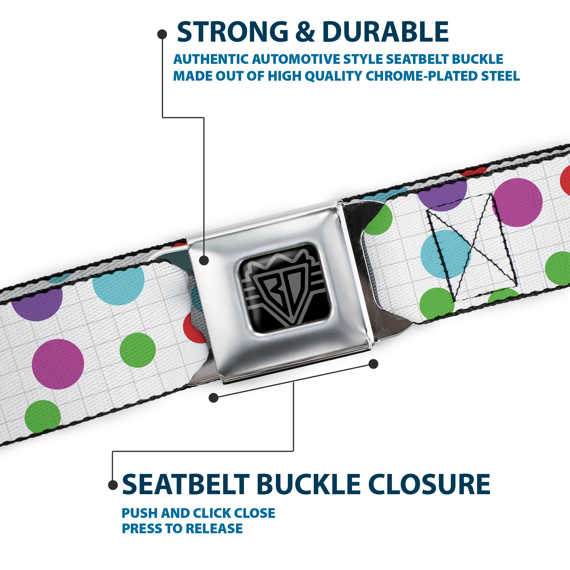 BD Wings Logo CLOSE-UP Full Color Black Silver Seatbelt Belt - Dots/Grid White/Gray/Multi Color Webbing Seatbelt Belts Buckle-Down