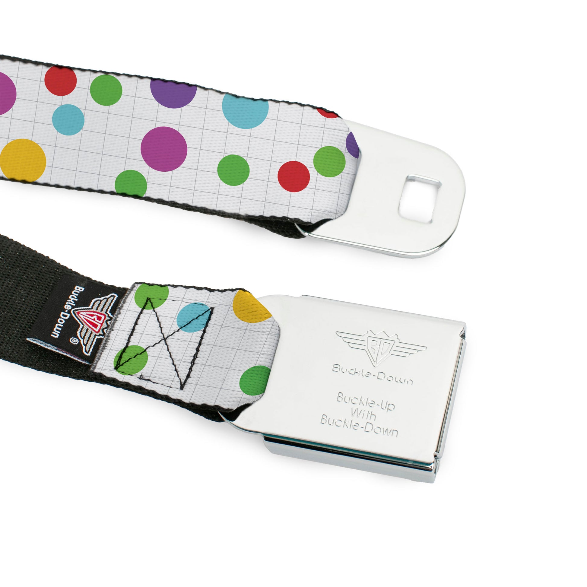 BD Wings Logo CLOSE-UP Full Color Black Silver Seatbelt Belt - Dots/Grid White/Gray/Multi Color Webbing Seatbelt Belts Buckle-Down