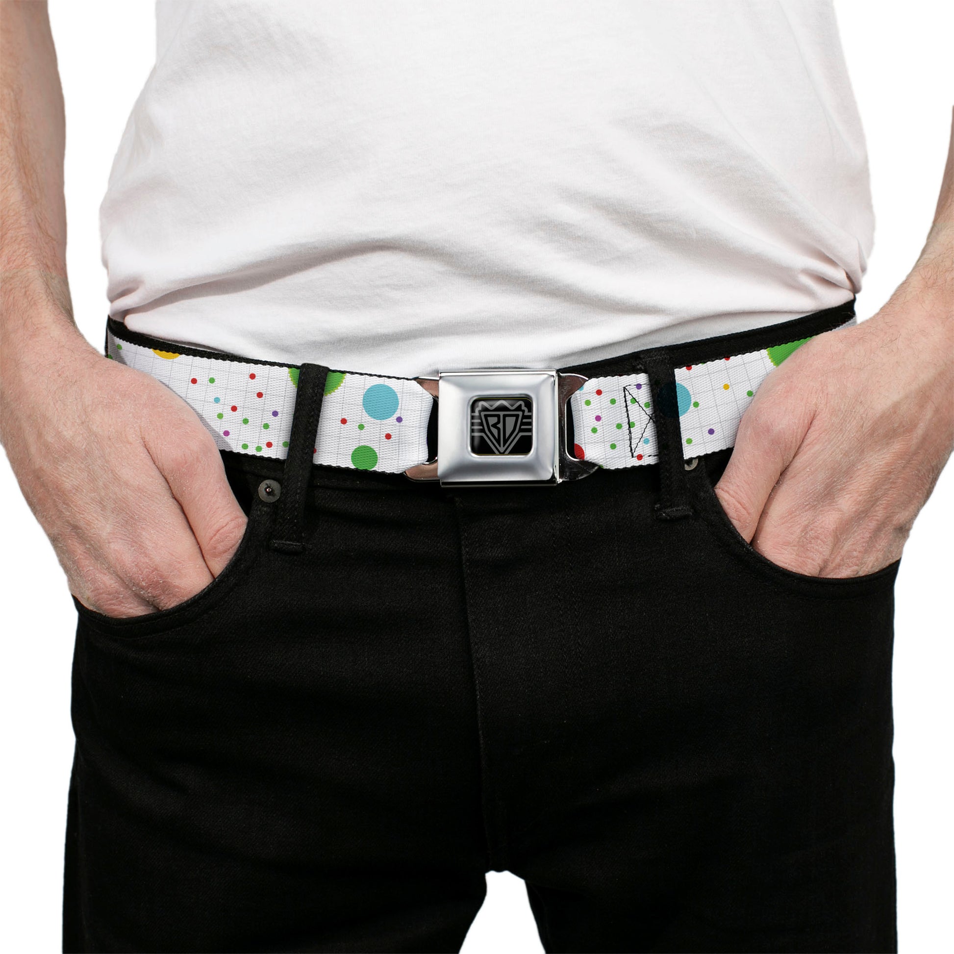 BD Wings Logo CLOSE-UP Full Color Black Silver Seatbelt Belt - Dots/Grid2 White/Gray/Multi Color Webbing Seatbelt Belts Buckle-Down