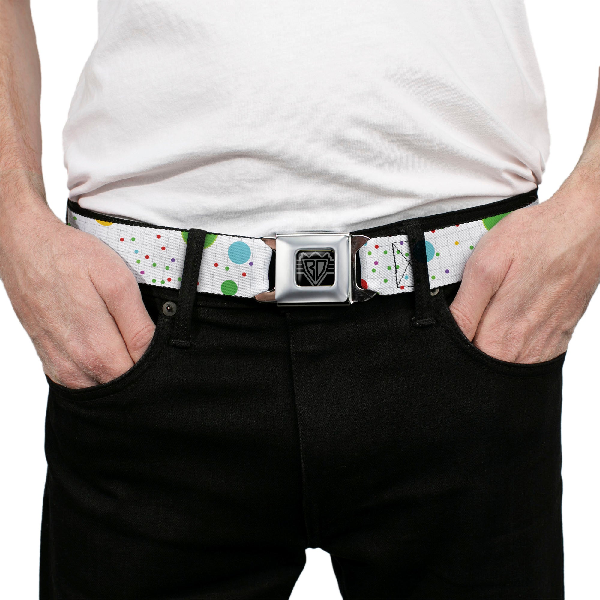 BD Wings Logo CLOSE-UP Full Color Black Silver Seatbelt Belt - Dots/Grid2 White/Gray/Multi Color Webbing Seatbelt Belts Buckle-Down