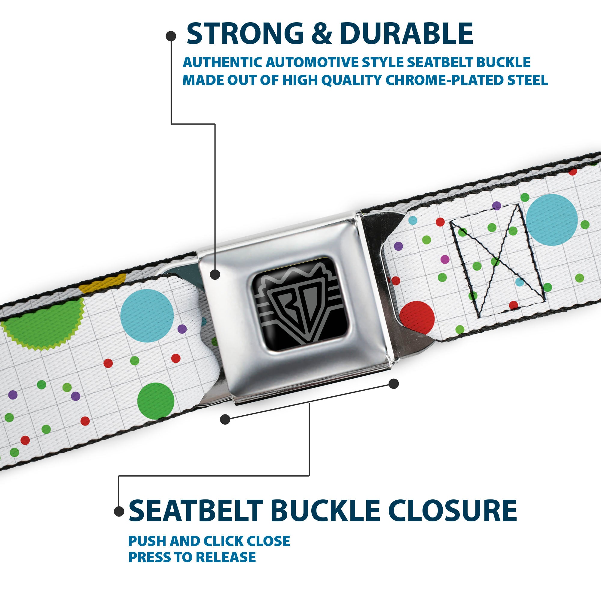 BD Wings Logo CLOSE-UP Full Color Black Silver Seatbelt Belt - Dots/Grid2 White/Gray/Multi Color Webbing Seatbelt Belts Buckle-Down