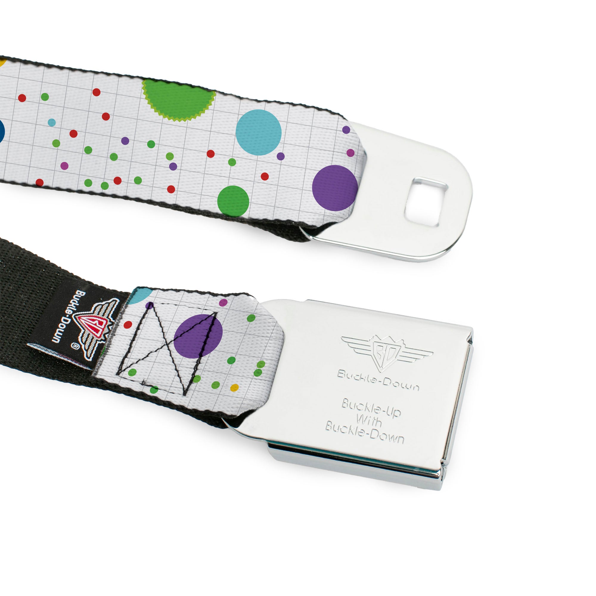 BD Wings Logo CLOSE-UP Full Color Black Silver Seatbelt Belt - Dots/Grid2 White/Gray/Multi Color Webbing Seatbelt Belts Buckle-Down