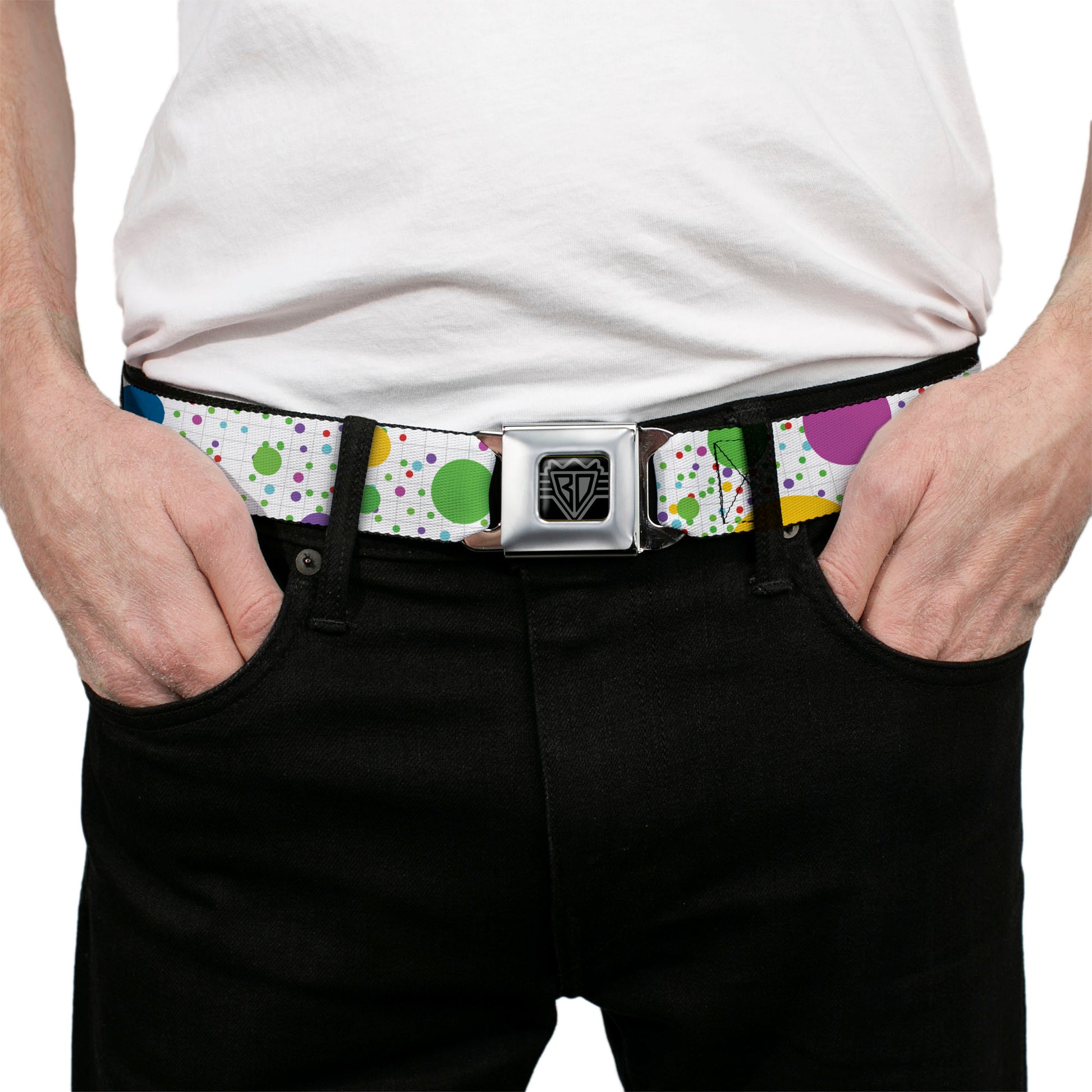 BD Wings Logo CLOSE-UP Full Color Black Silver Seatbelt Belt - Dots/Grid3 White/Gray/Multi Color Webbing Seatbelt Belts Buckle-Down