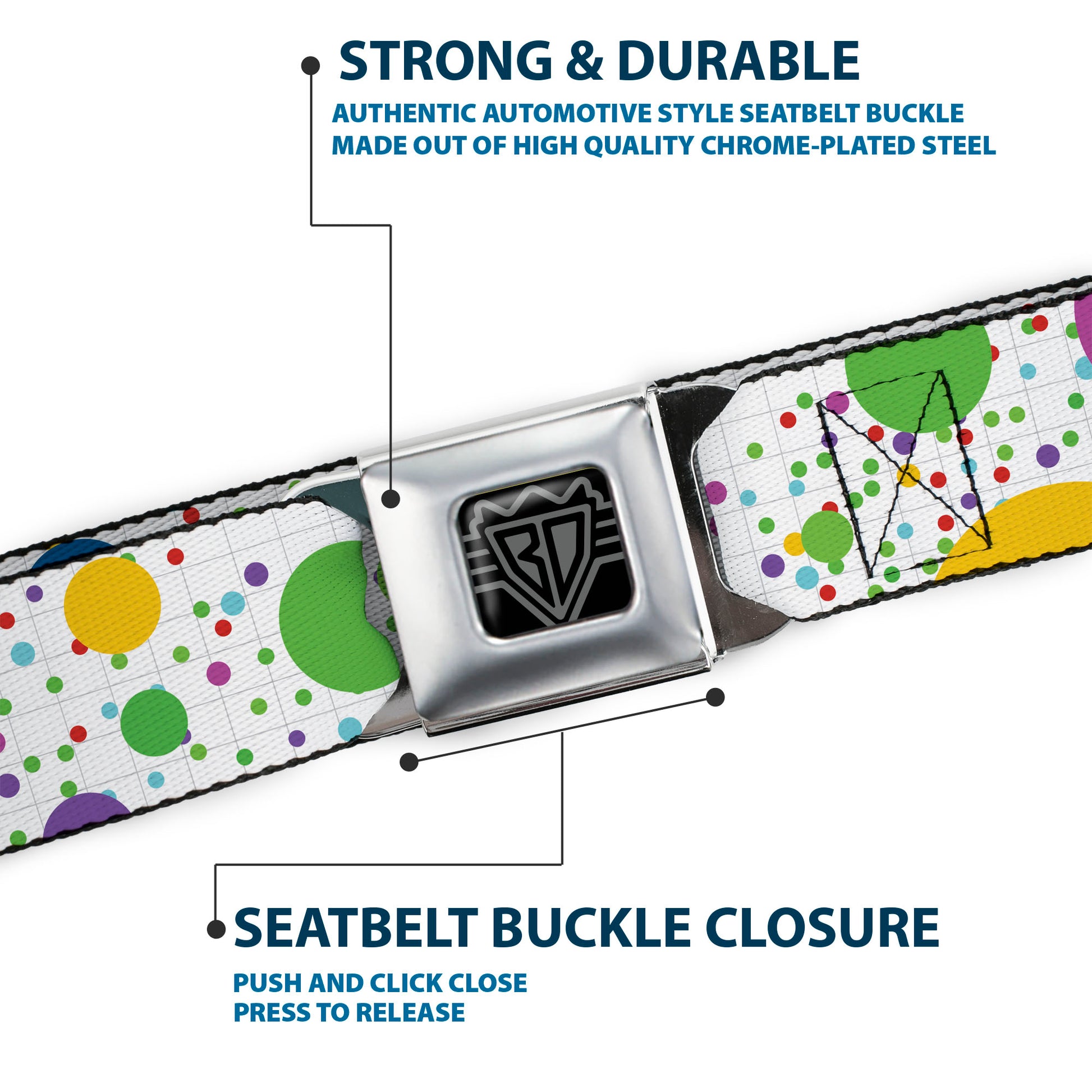 BD Wings Logo CLOSE-UP Full Color Black Silver Seatbelt Belt - Dots/Grid3 White/Gray/Multi Color Webbing Seatbelt Belts Buckle-Down