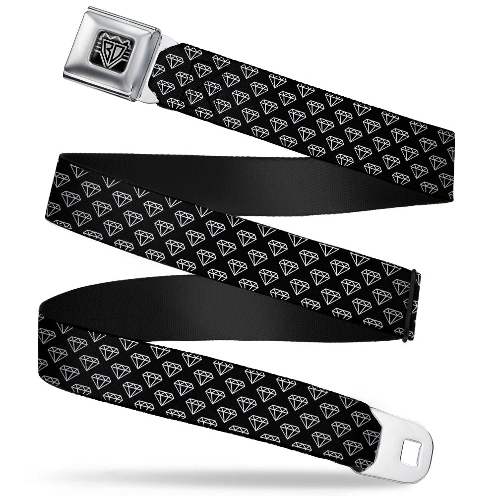 BD Wings Logo CLOSE-UP Full Color Black Silver Seatbelt Belt - Diamonds Diagonal2 Lines Black/White Webbing Seatbelt Belts Buckle-Down