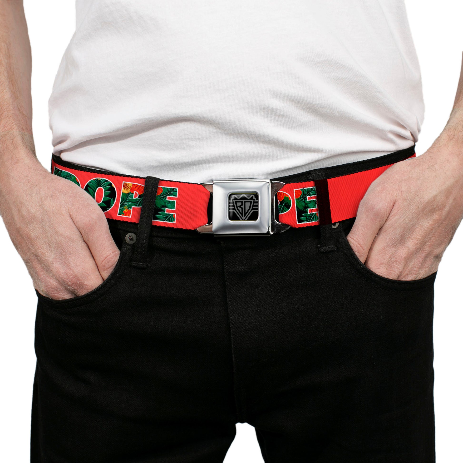 Seatbelt Belt - DOPE Red/Black/Tropical Flowers Seatbelt Belts Buckle-Down