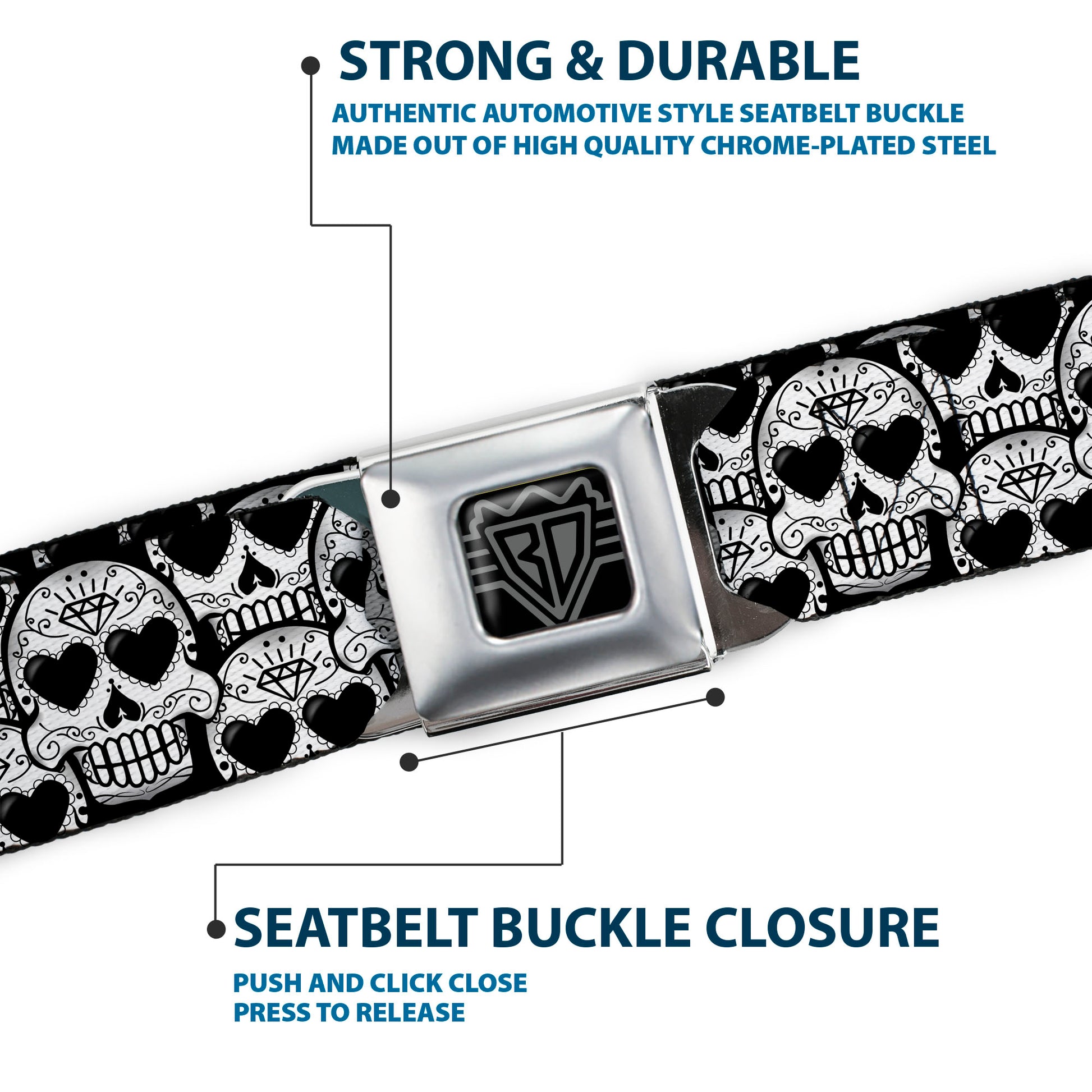 BD Wings Logo CLOSE-UP Full Color Black Silver Seatbelt Belt - Diamond Sugar Skull Stacked Black/Silver Fade/White Webbing Seatbelt Belts Buckle-Down