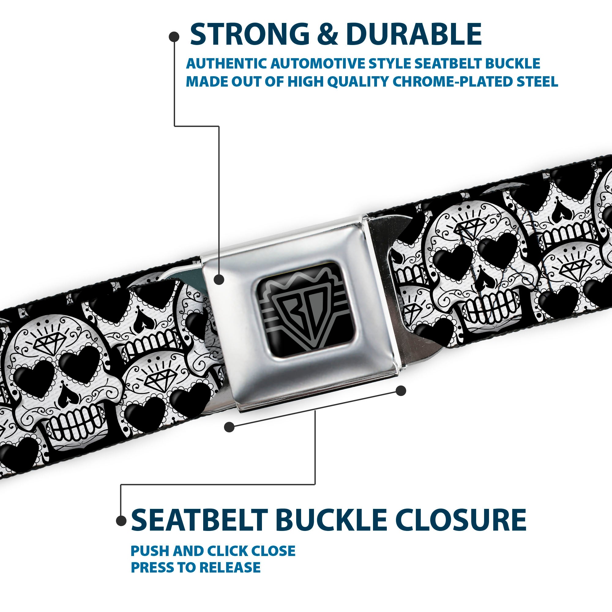BD Wings Logo CLOSE-UP Full Color Black Silver Seatbelt Belt - Diamond Sugar Skull Stacked Black/Silver Fade/White Webbing Seatbelt Belts Buckle-Down