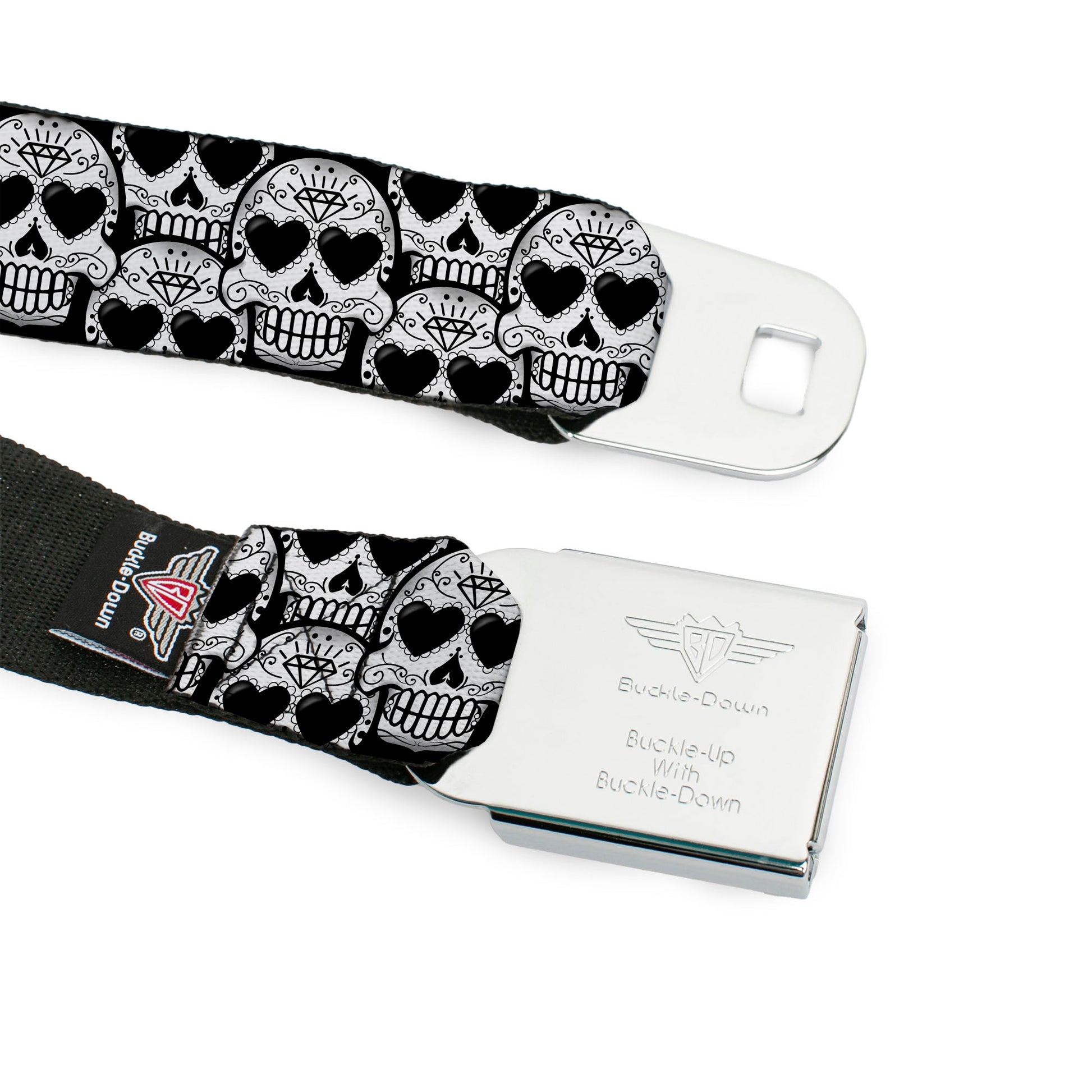BD Wings Logo CLOSE-UP Full Color Black Silver Seatbelt Belt - Diamond Sugar Skull Stacked Black/Silver Fade/White Webbing Seatbelt Belts Buckle-Down