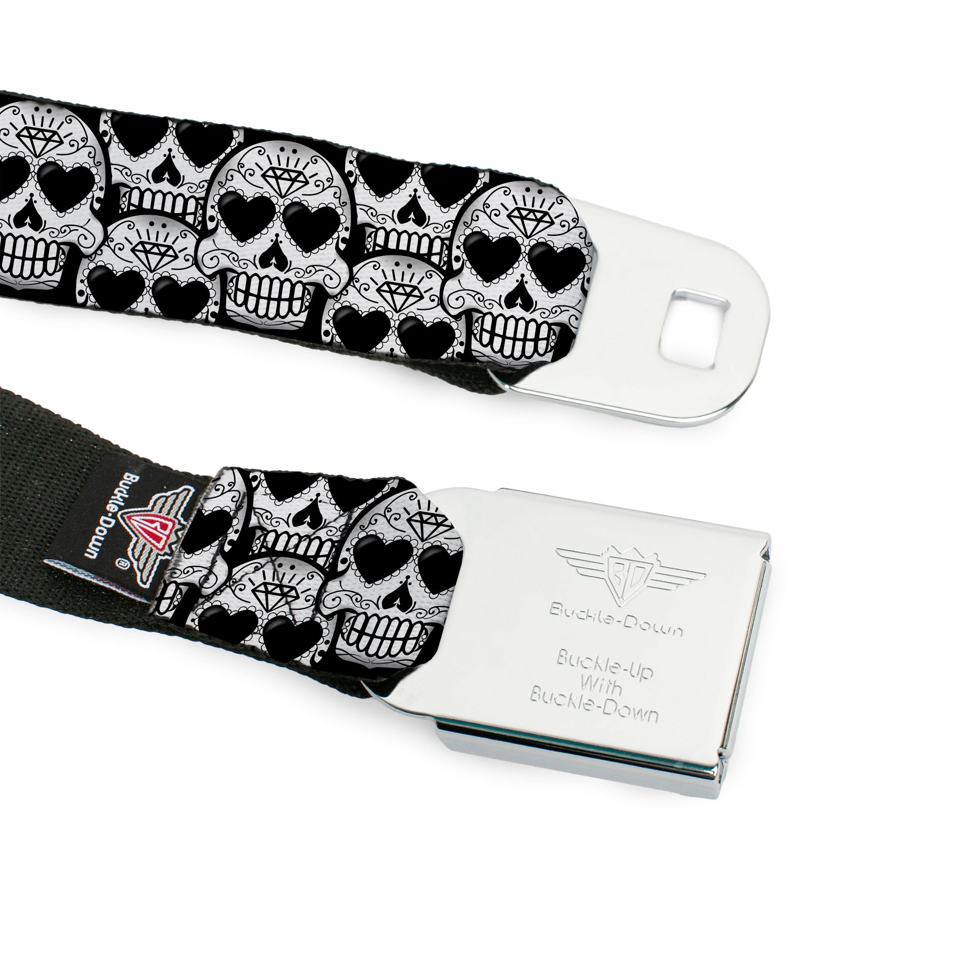 BD Wings Logo CLOSE-UP Full Color Black Silver Seatbelt Belt - Diamond Sugar Skull Stacked Black/Silver Fade/White Webbing Seatbelt Belts Buckle-Down