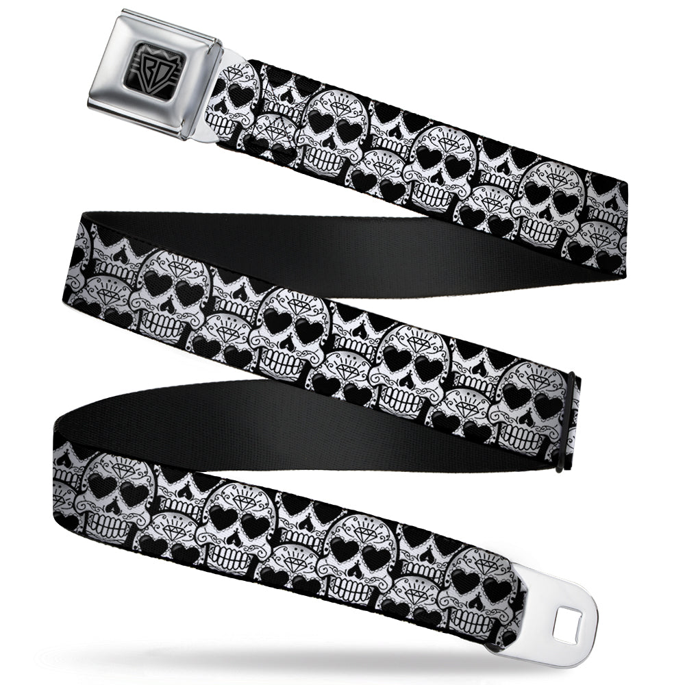 BD Wings Logo CLOSE-UP Full Color Black Silver Seatbelt Belt - Diamond Sugar Skull Stacked Black/Silver Fade/White Webbing Seatbelt Belts Buckle-Down