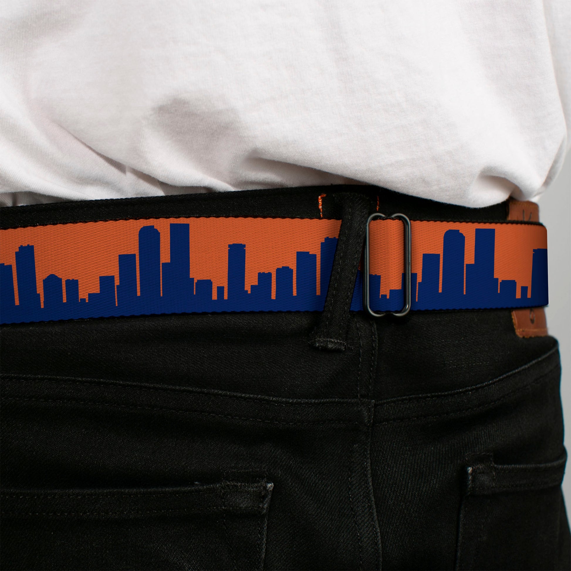 BD Wings Logo CLOSE-UP Full Color Black Silver Seatbelt Belt - Denver Solid Skyline Orange/Navy Webbing Seatbelt Belts Buckle-Down