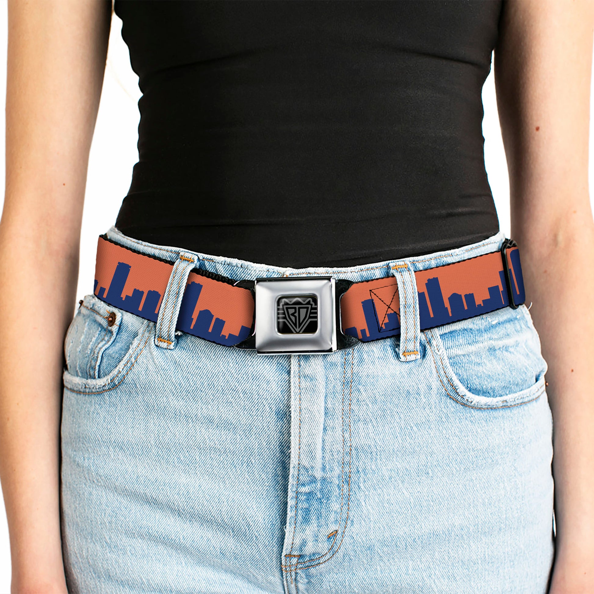 BD Wings Logo CLOSE-UP Full Color Black Silver Seatbelt Belt - Denver Solid Skyline Orange/Navy Webbing Seatbelt Belts Buckle-Down