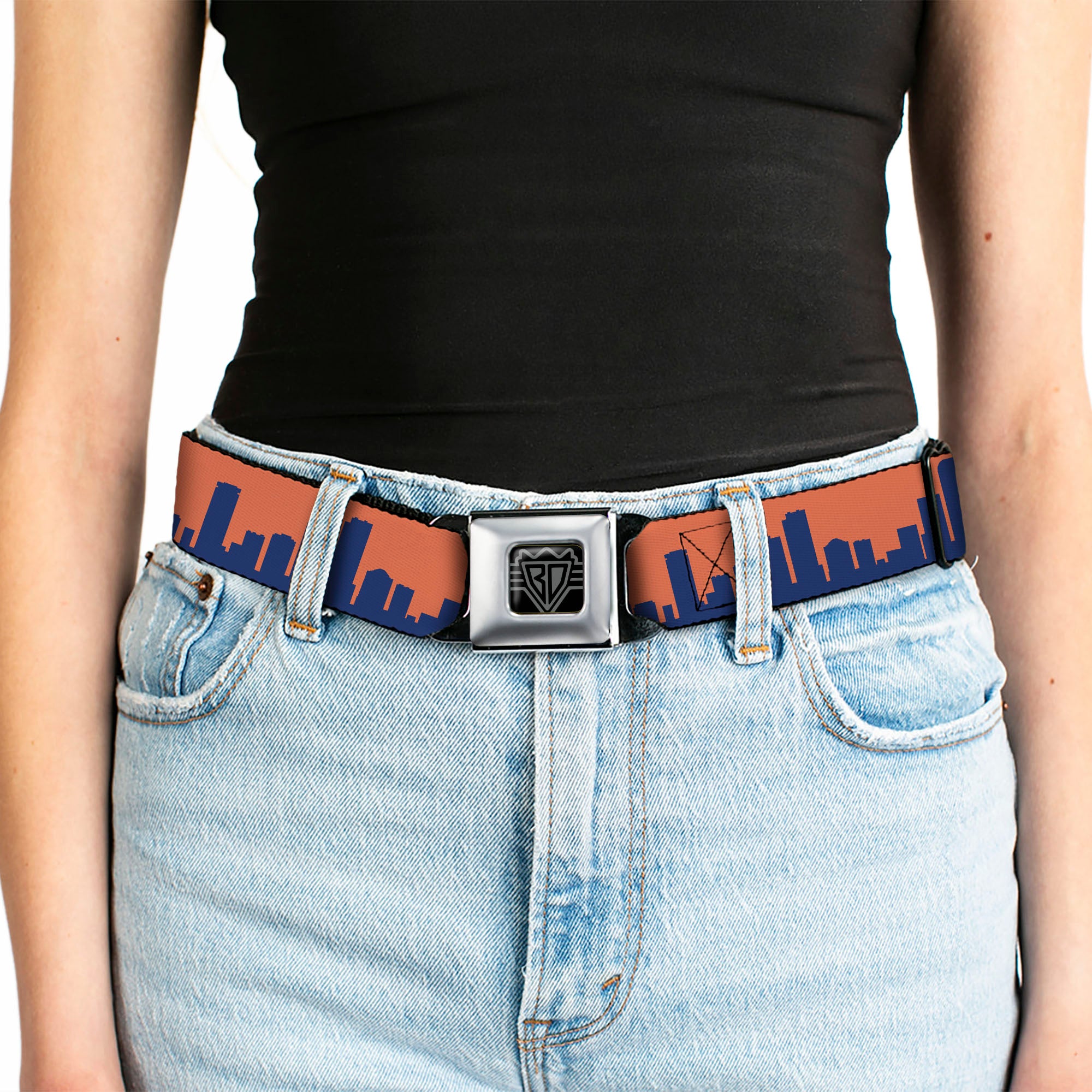 BD Wings Logo CLOSE-UP Full Color Black Silver Seatbelt Belt - Denver Solid Skyline Orange/Navy Webbing Seatbelt Belts Buckle-Down