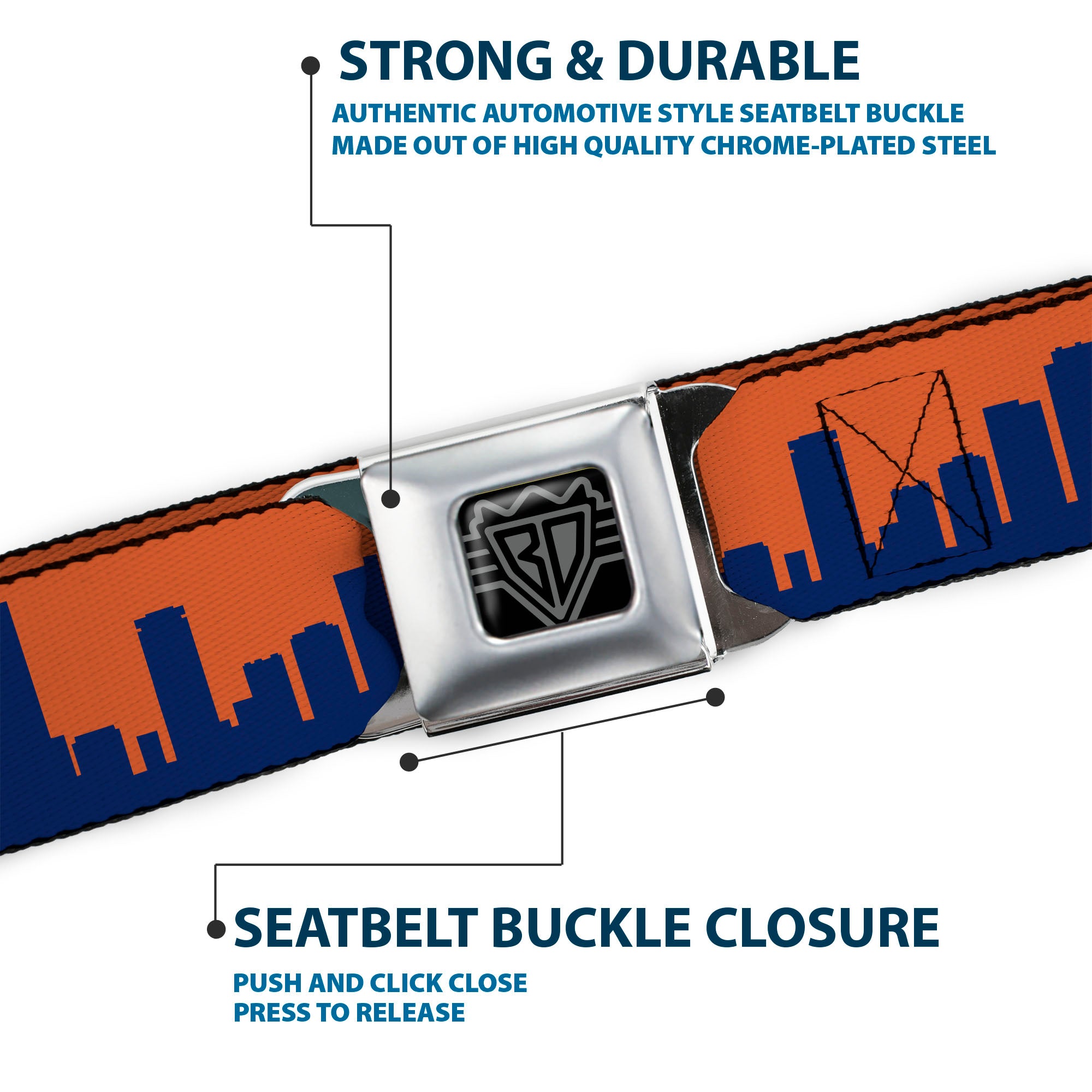 BD Wings Logo CLOSE-UP Full Color Black Silver Seatbelt Belt - Denver Solid Skyline Orange/Navy Webbing Seatbelt Belts Buckle-Down