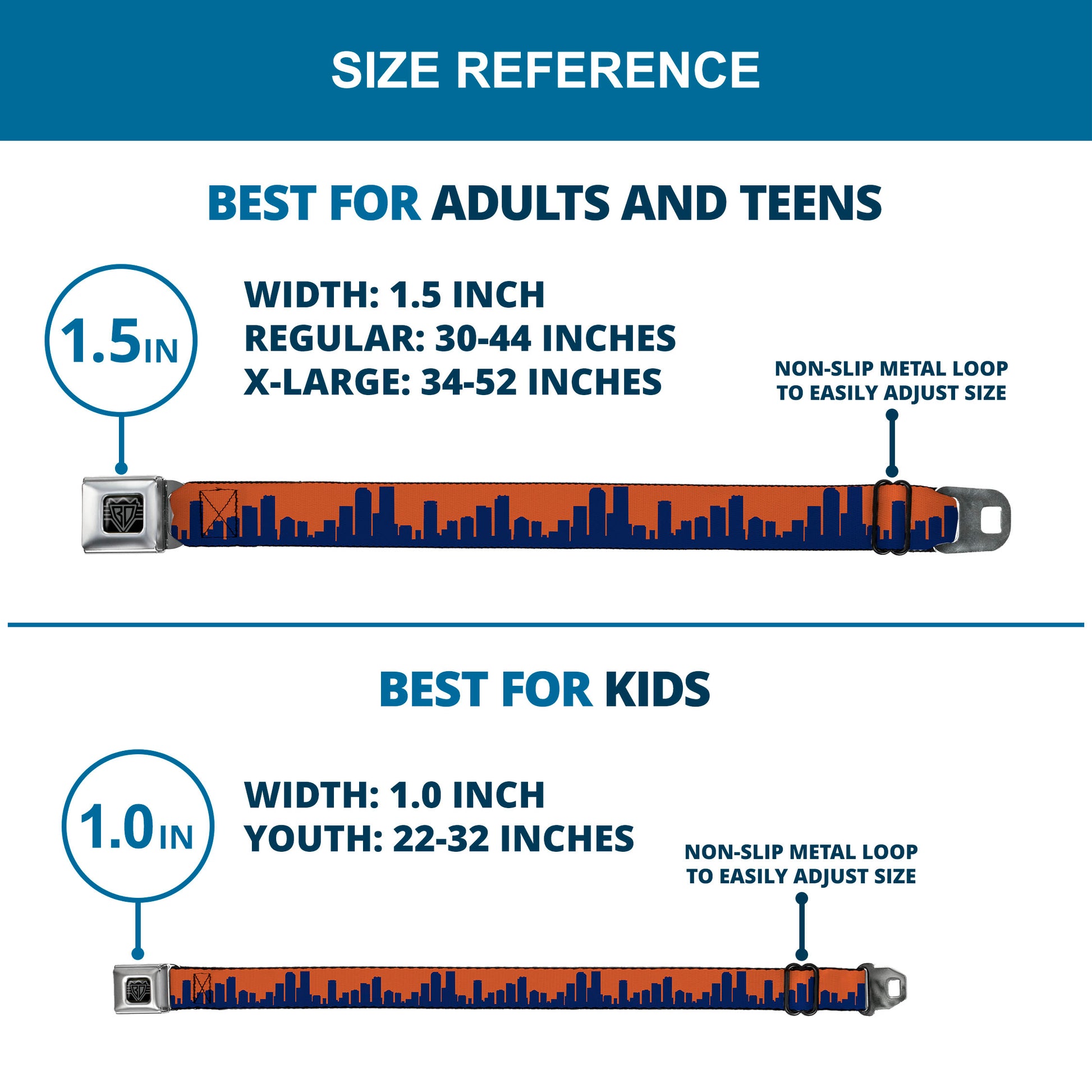 BD Wings Logo CLOSE-UP Full Color Black Silver Seatbelt Belt - Denver Solid Skyline Orange/Navy Webbing Seatbelt Belts Buckle-Down