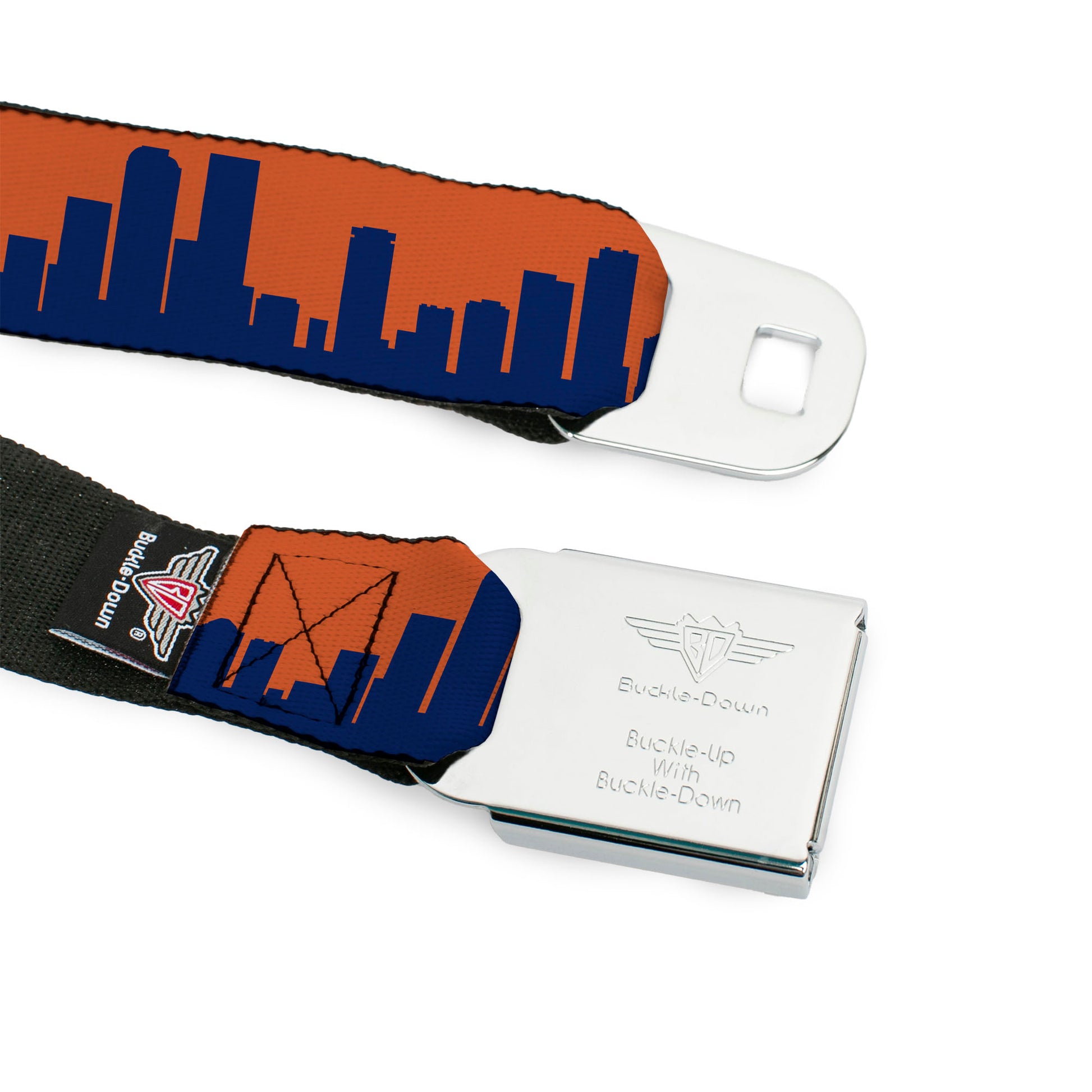 BD Wings Logo CLOSE-UP Full Color Black Silver Seatbelt Belt - Denver Solid Skyline Orange/Navy Webbing Seatbelt Belts Buckle-Down