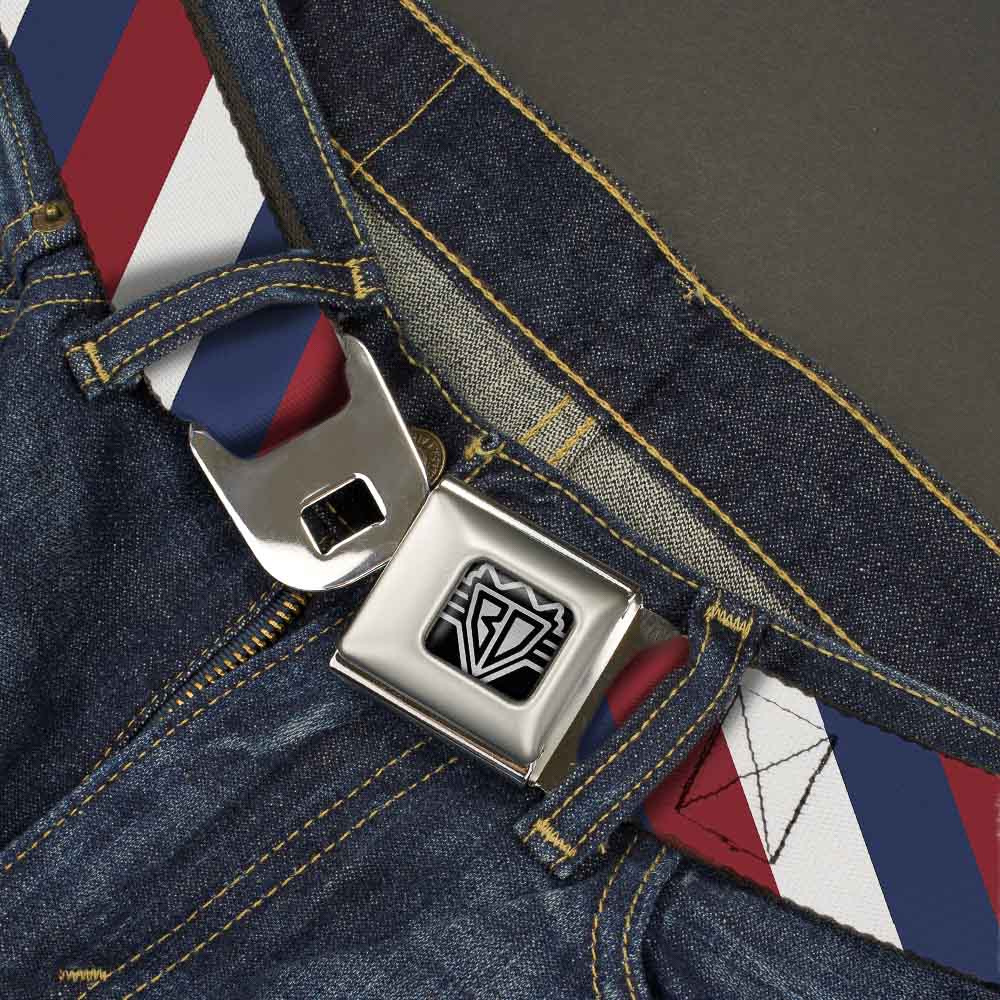 BD Wings Logo CLOSE-UP Full Color Black Silver Seatbelt Belt - Diagonal Stripe Red/White/Navy Webbing Seatbelt Belts Buckle-Down