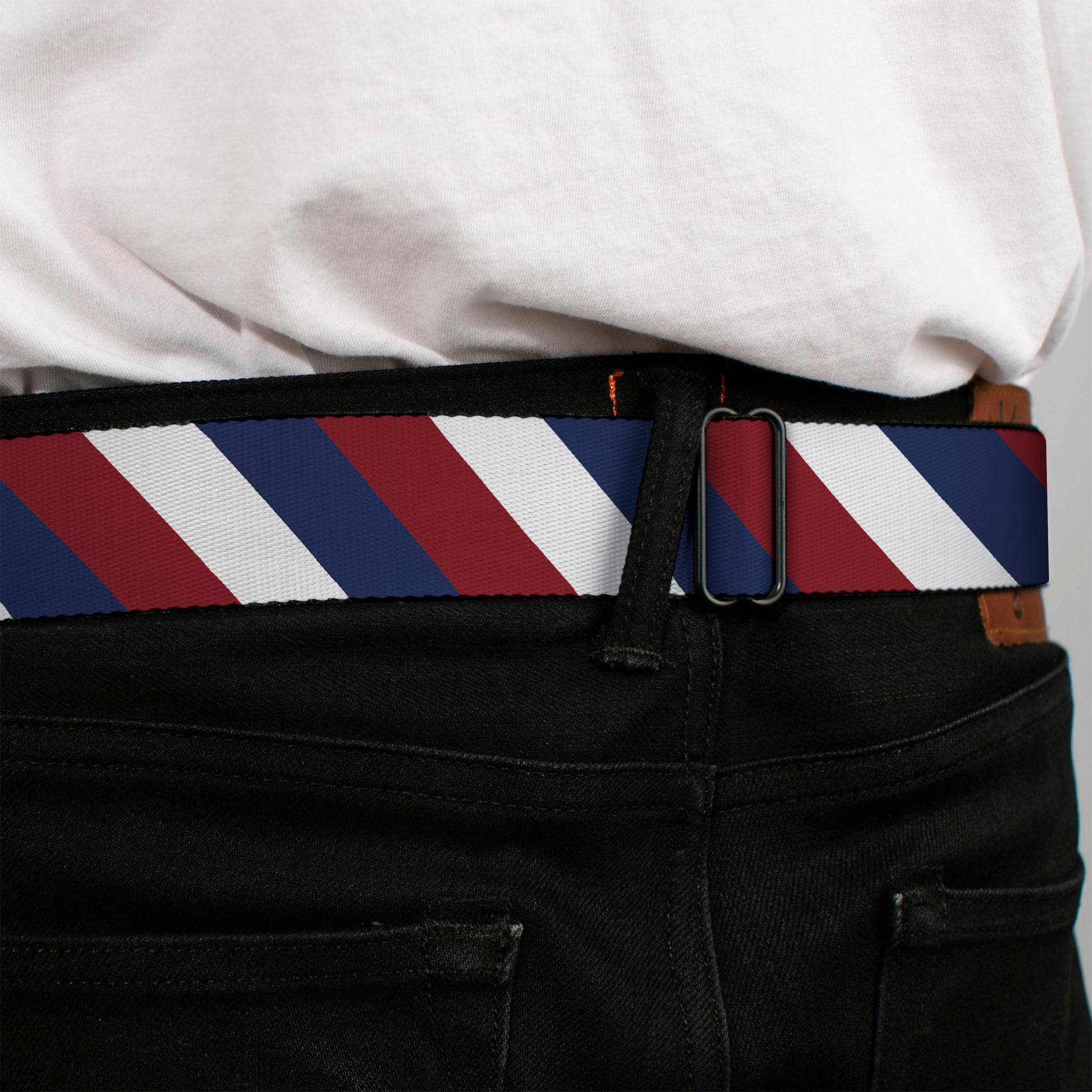 BD Wings Logo CLOSE-UP Full Color Black Silver Seatbelt Belt - Diagonal Stripe Red/White/Navy Webbing Seatbelt Belts Buckle-Down
