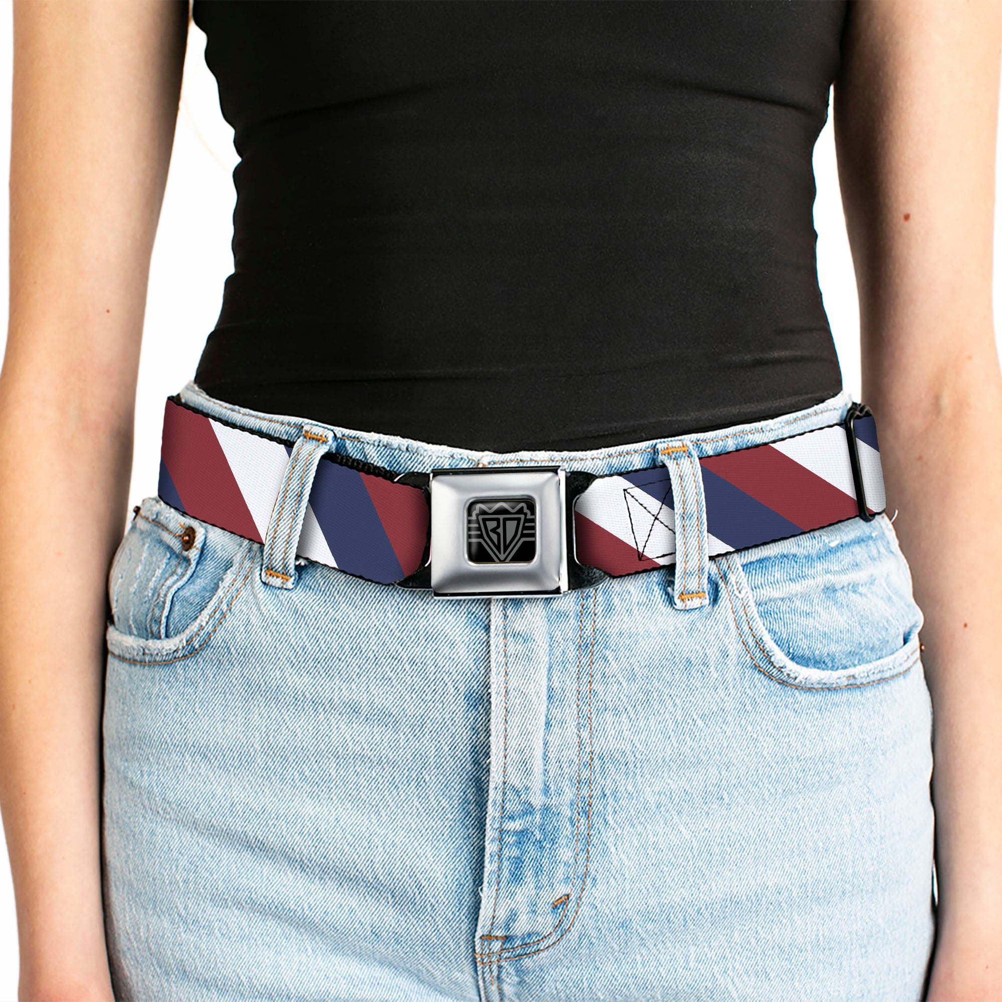 BD Wings Logo CLOSE-UP Full Color Black Silver Seatbelt Belt - Diagonal Stripe Red/White/Navy Webbing Seatbelt Belts Buckle-Down