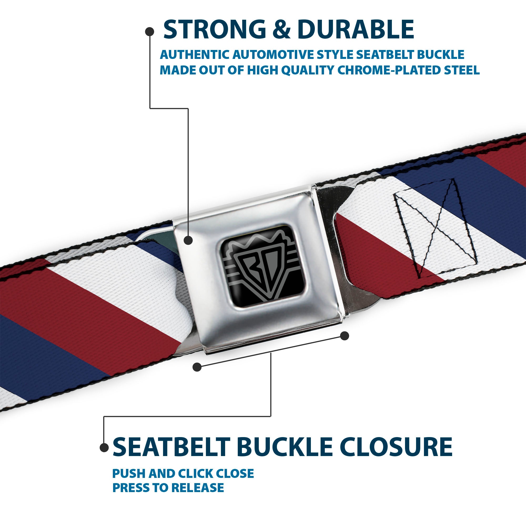 BD Wings Logo CLOSE-UP Full Color Black Silver Seatbelt Belt - Diagonal Stripe Red/White/Navy Webbing Seatbelt Belts Buckle-Down