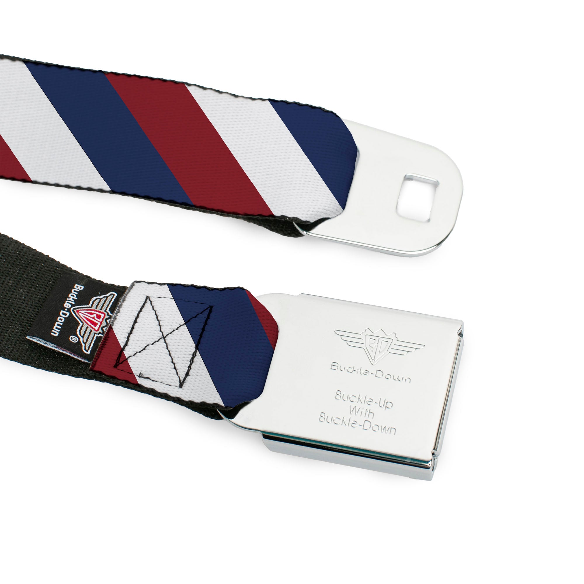 BD Wings Logo CLOSE-UP Full Color Black Silver Seatbelt Belt - Diagonal Stripe Red/White/Navy Webbing Seatbelt Belts Buckle-Down