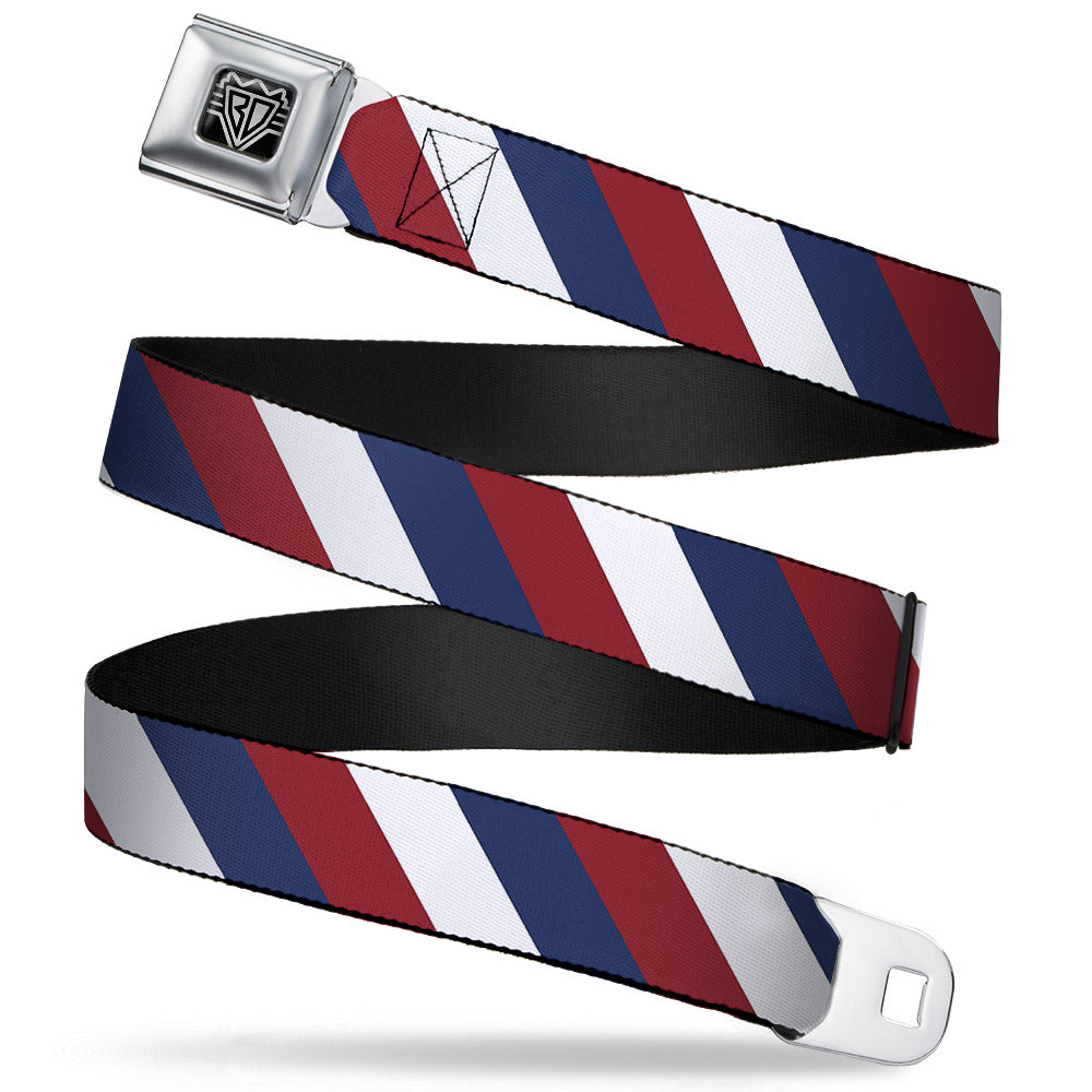 BD Wings Logo CLOSE-UP Full Color Black Silver Seatbelt Belt - Diagonal Stripe Red/White/Navy Webbing Seatbelt Belts Buckle-Down