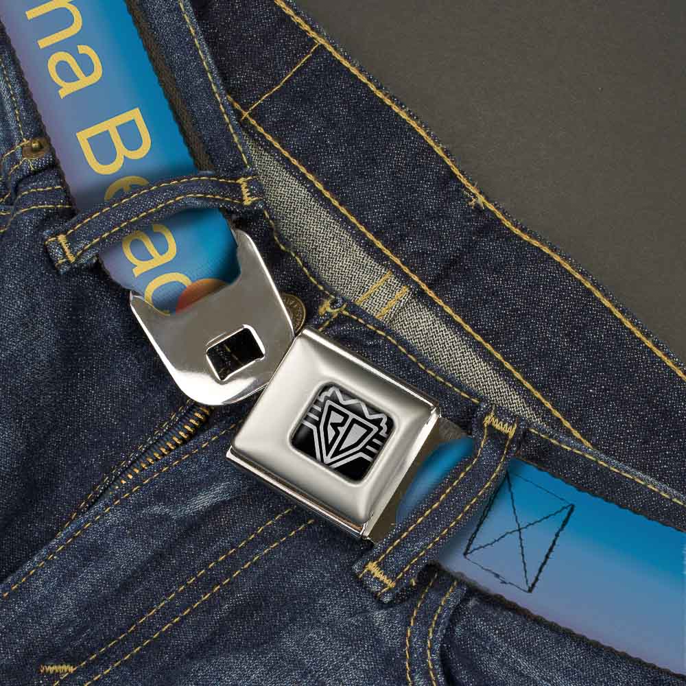 BD Wings Logo CLOSE-UP Full Color Black Silver Seatbelt Belt - DAYTON BEACH Script/Sun/Palm Trees Blue Fade/Yellow/Oranges/Green Webbing Seatbelt Belts Buckle-Down