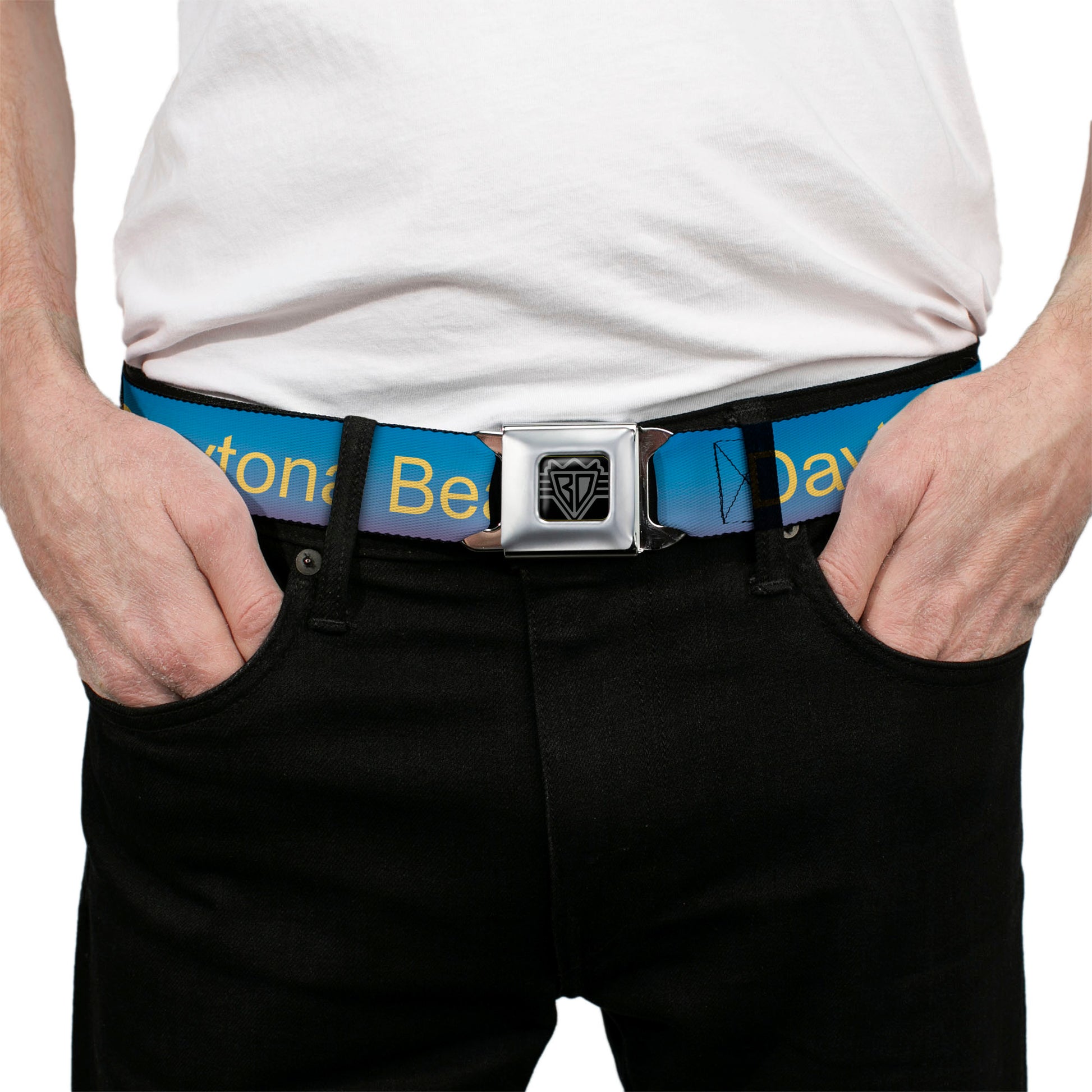 BD Wings Logo CLOSE-UP Full Color Black Silver Seatbelt Belt - DAYTON BEACH Script/Sun/Palm Trees Blue Fade/Yellow/Oranges/Green Webbing Seatbelt Belts Buckle-Down