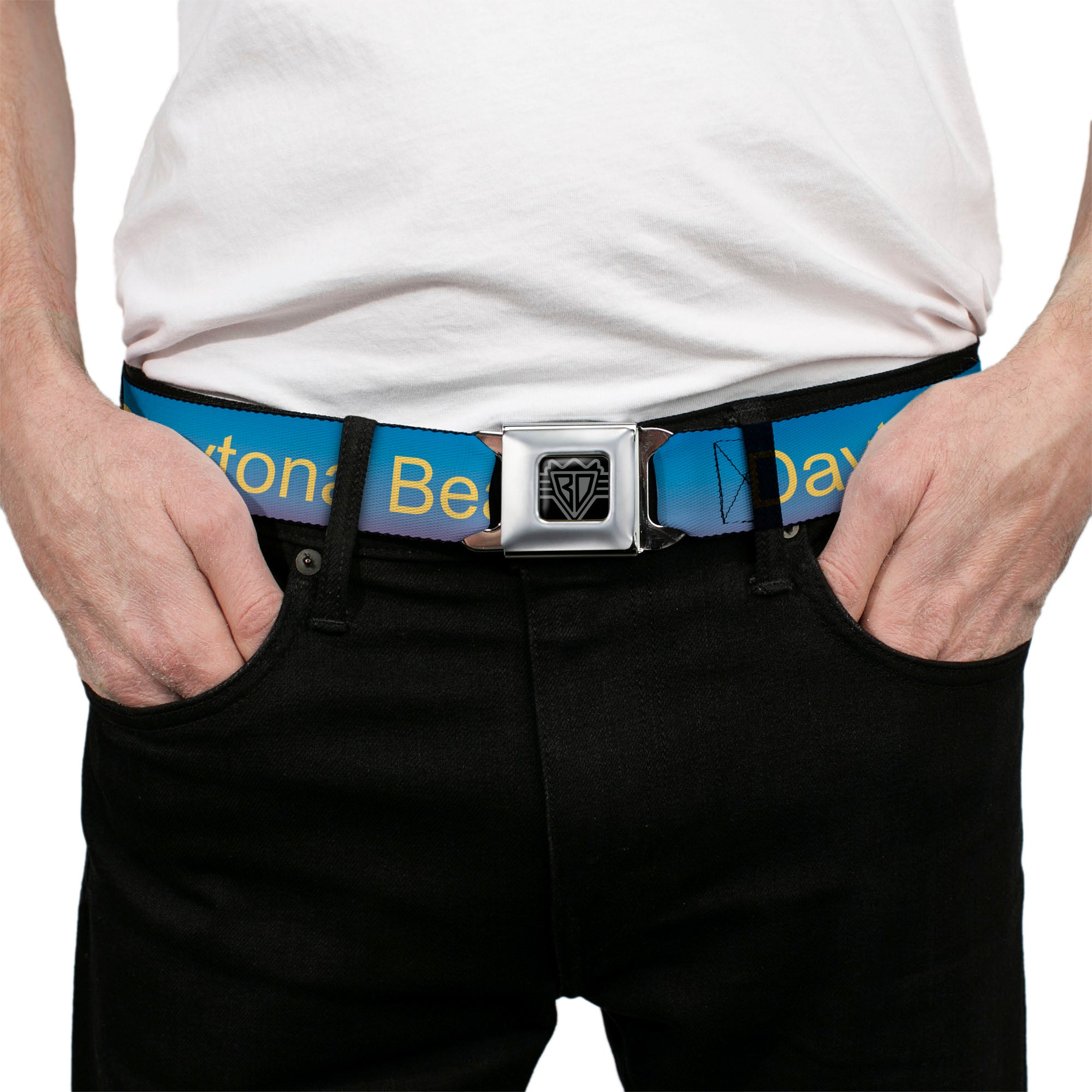 BD Wings Logo CLOSE-UP Full Color Black Silver Seatbelt Belt - DAYTON BEACH Script/Sun/Palm Trees Blue Fade/Yellow/Oranges/Green Webbing Seatbelt Belts Buckle-Down