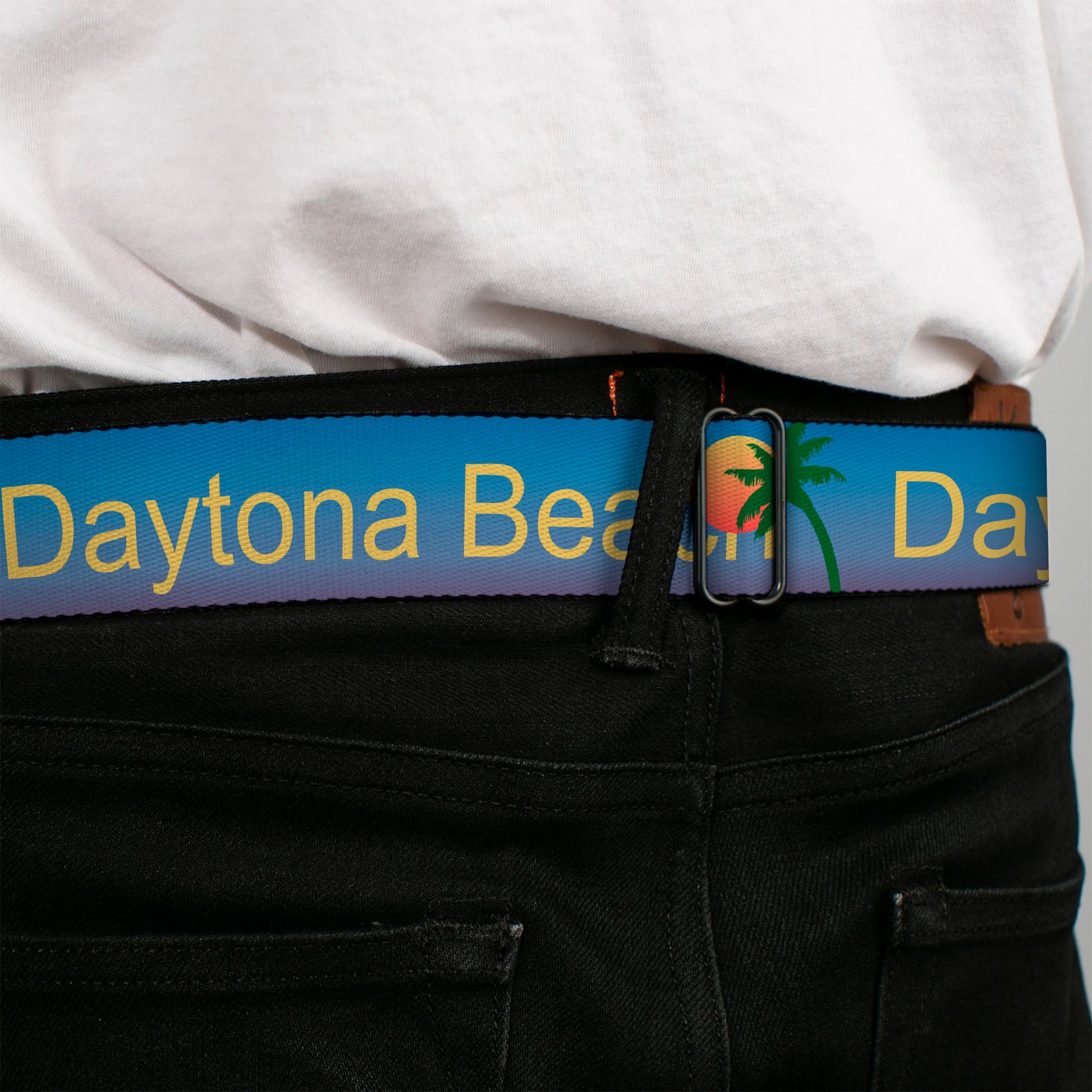 BD Wings Logo CLOSE-UP Full Color Black Silver Seatbelt Belt - DAYTON BEACH Script/Sun/Palm Trees Blue Fade/Yellow/Oranges/Green Webbing Seatbelt Belts Buckle-Down
