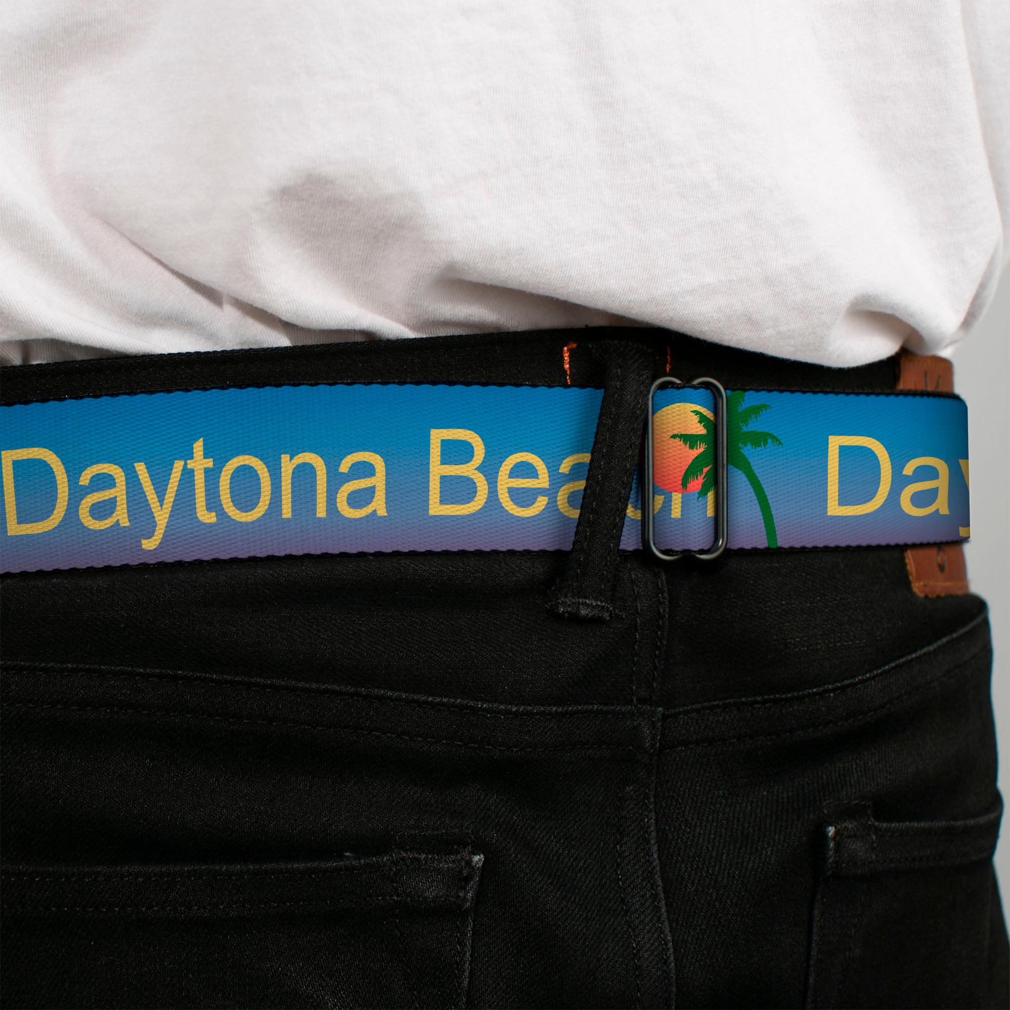 BD Wings Logo CLOSE-UP Full Color Black Silver Seatbelt Belt - DAYTON BEACH Script/Sun/Palm Trees Blue Fade/Yellow/Oranges/Green Webbing Seatbelt Belts Buckle-Down