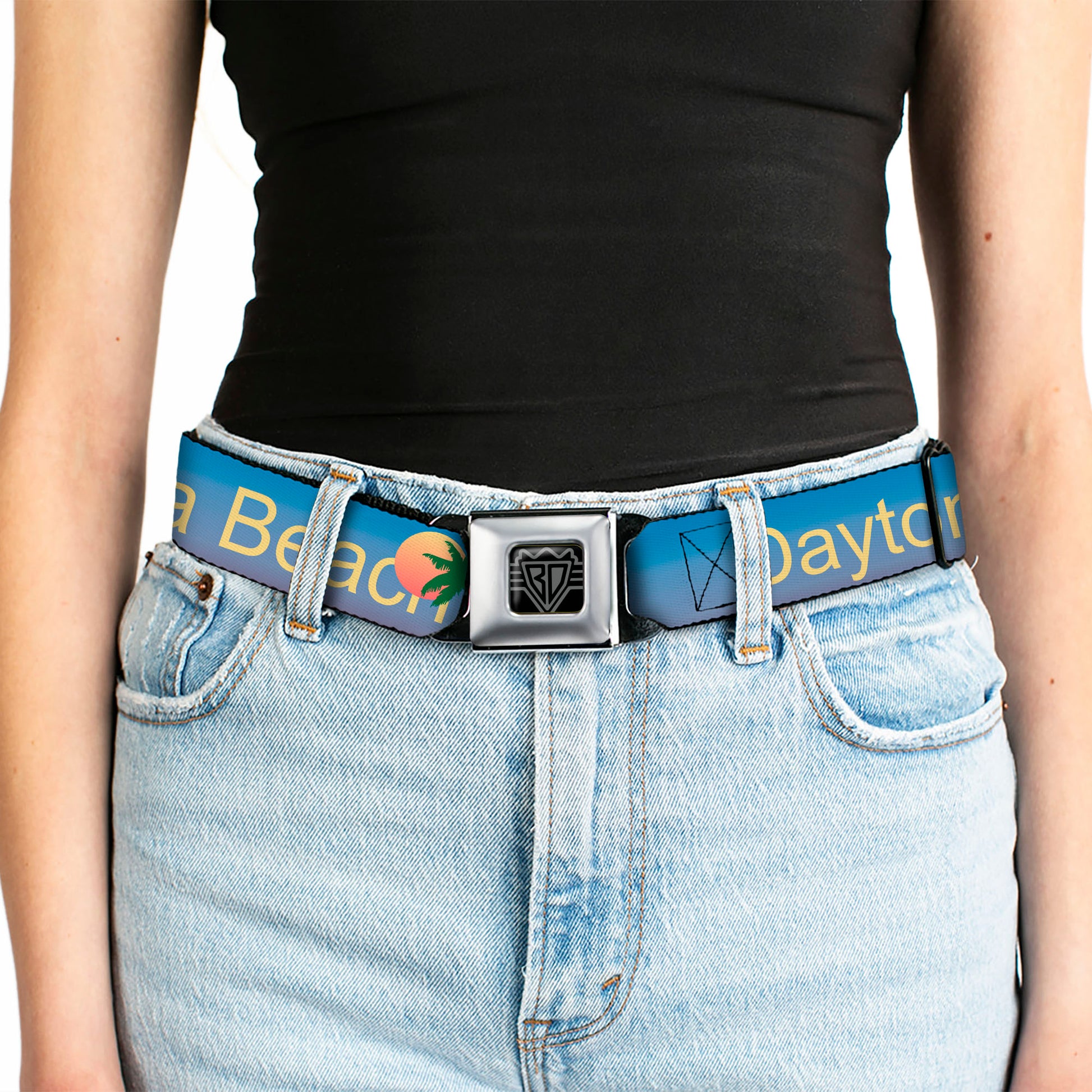 BD Wings Logo CLOSE-UP Full Color Black Silver Seatbelt Belt - DAYTON BEACH Script/Sun/Palm Trees Blue Fade/Yellow/Oranges/Green Webbing Seatbelt Belts Buckle-Down