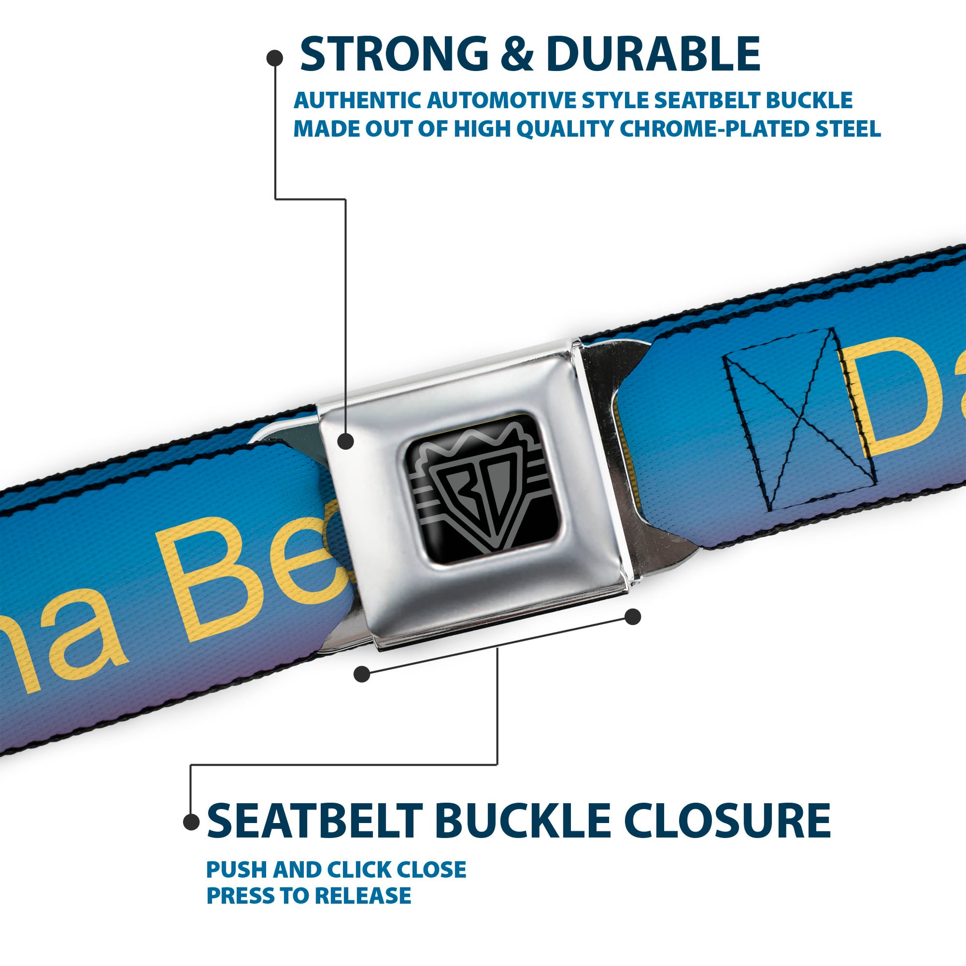 BD Wings Logo CLOSE-UP Full Color Black Silver Seatbelt Belt - DAYTON BEACH Script/Sun/Palm Trees Blue Fade/Yellow/Oranges/Green Webbing Seatbelt Belts Buckle-Down