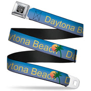 BD Wings Logo CLOSE-UP Full Color Black Silver Seatbelt Belt - DAYTON BEACH Script/Sun/Palm Trees Blue Fade/Yellow/Oranges/Green Webbing Seatbelt Belts Buckle-Down