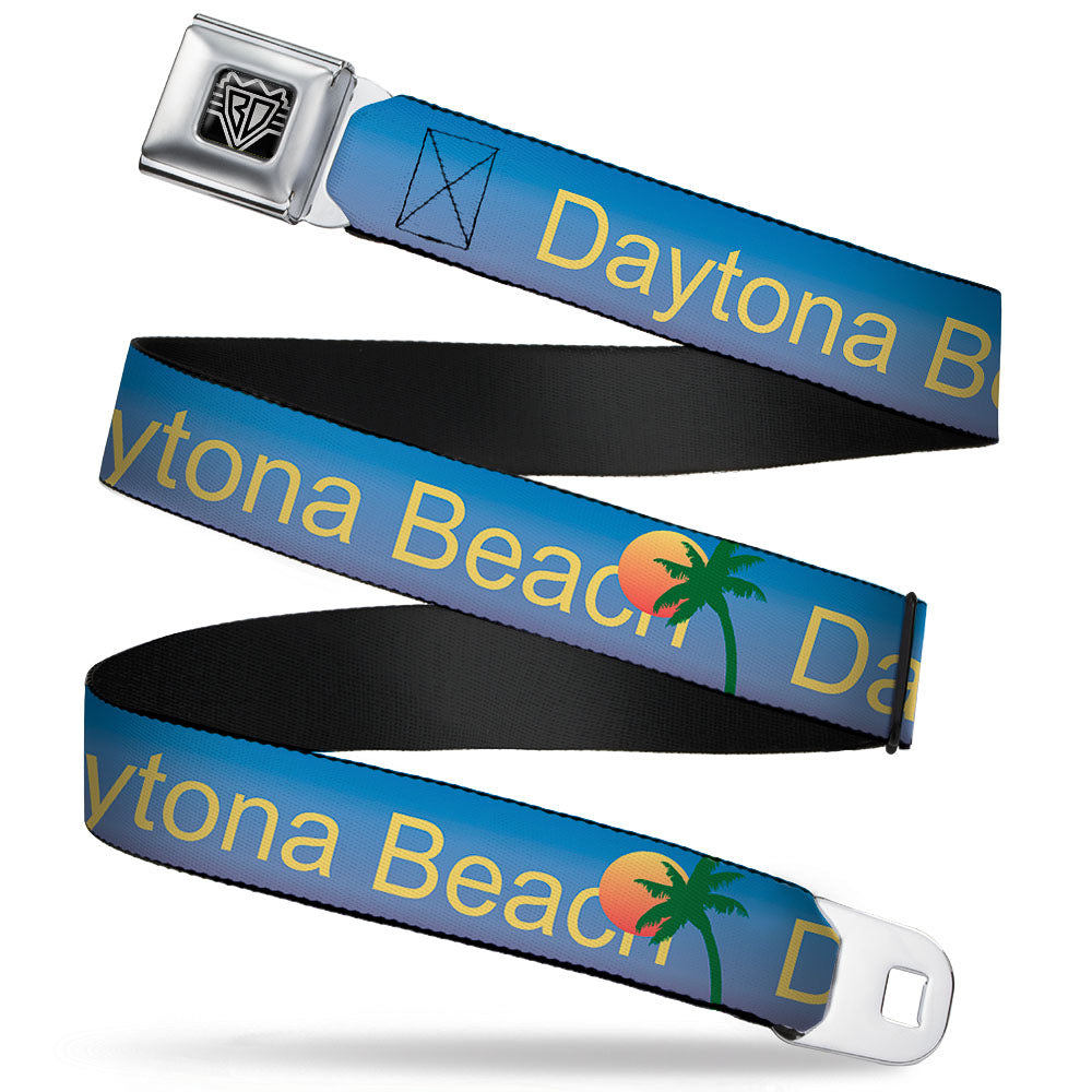 BD Wings Logo CLOSE-UP Full Color Black Silver Seatbelt Belt - DAYTON BEACH Script/Sun/Palm Trees Blue Fade/Yellow/Oranges/Green Webbing Seatbelt Belts Buckle-Down