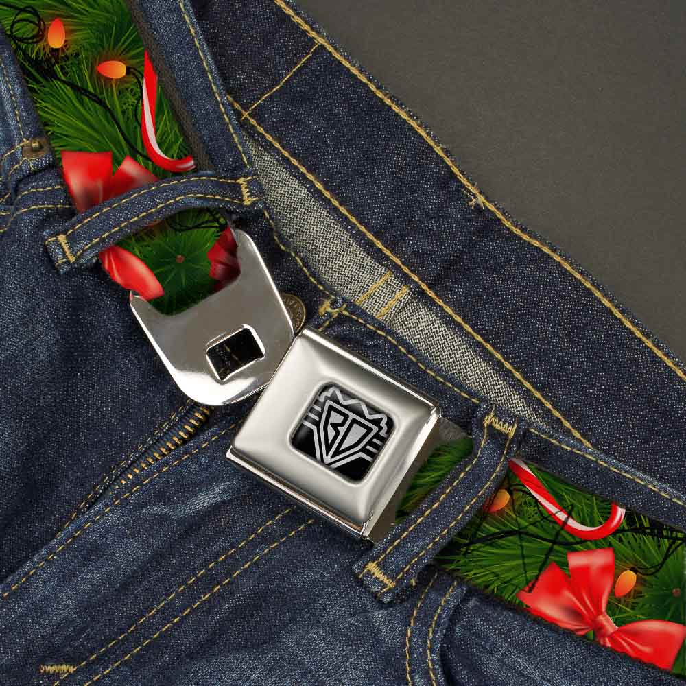 BD Wings Logo CLOSE-UP Full Color Black Silver Seatbelt Belt - Decorated Tree2 w/Bows/Lights/Candy Canes Webbing Seatbelt Belts Buckle-Down