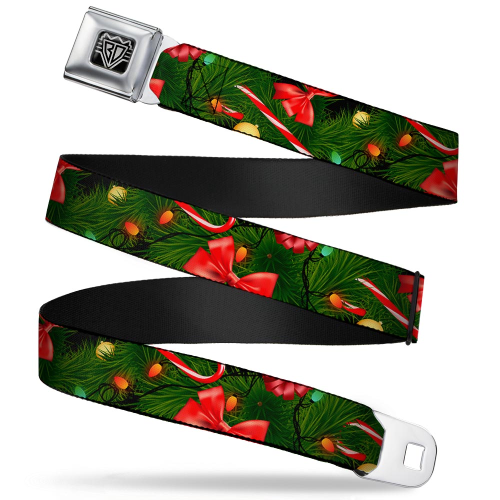 BD Wings Logo CLOSE-UP Full Color Black Silver Seatbelt Belt - Decorated Tree2 w/Bows/Lights/Candy Canes Webbing Seatbelt Belts Buckle-Down