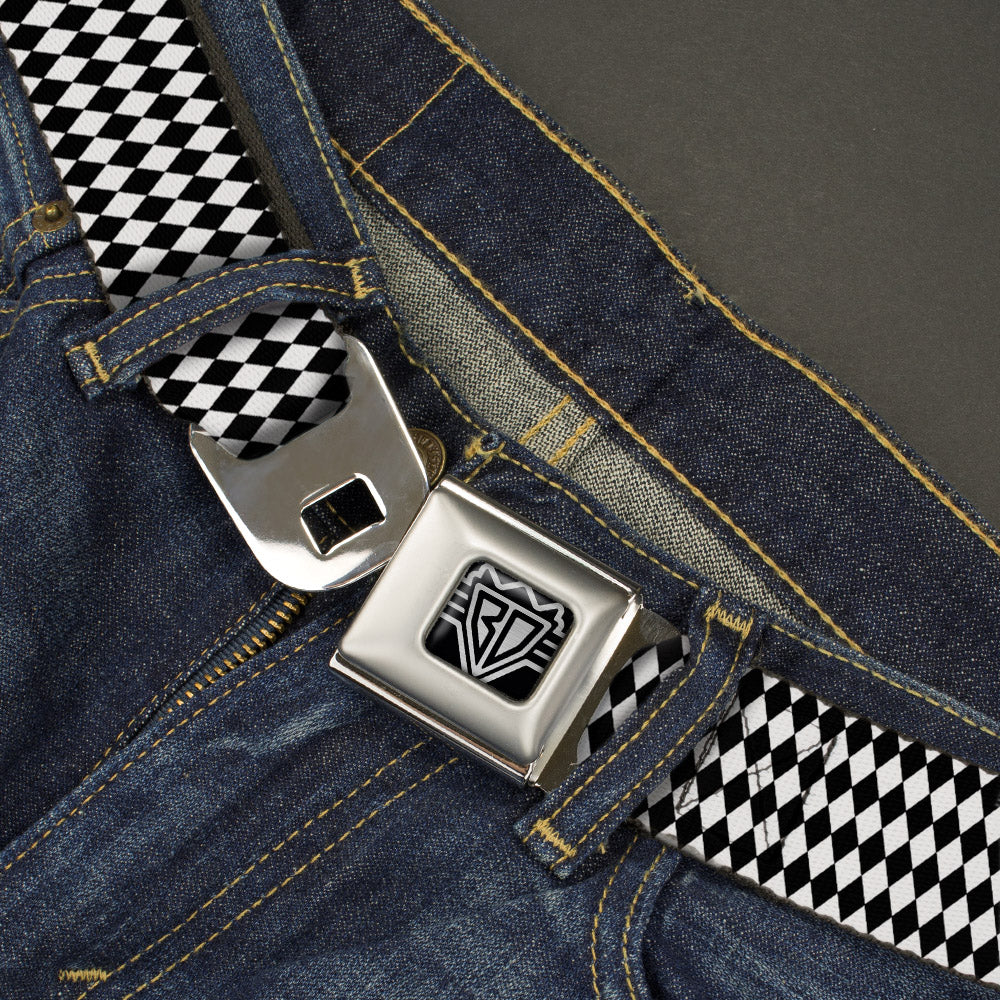 BD Wings Logo CLOSE-UP Full Color Black Silver Seatbelt Belt - Diamonds Stripe White/Black Webbing Seatbelt Belts Buckle-Down