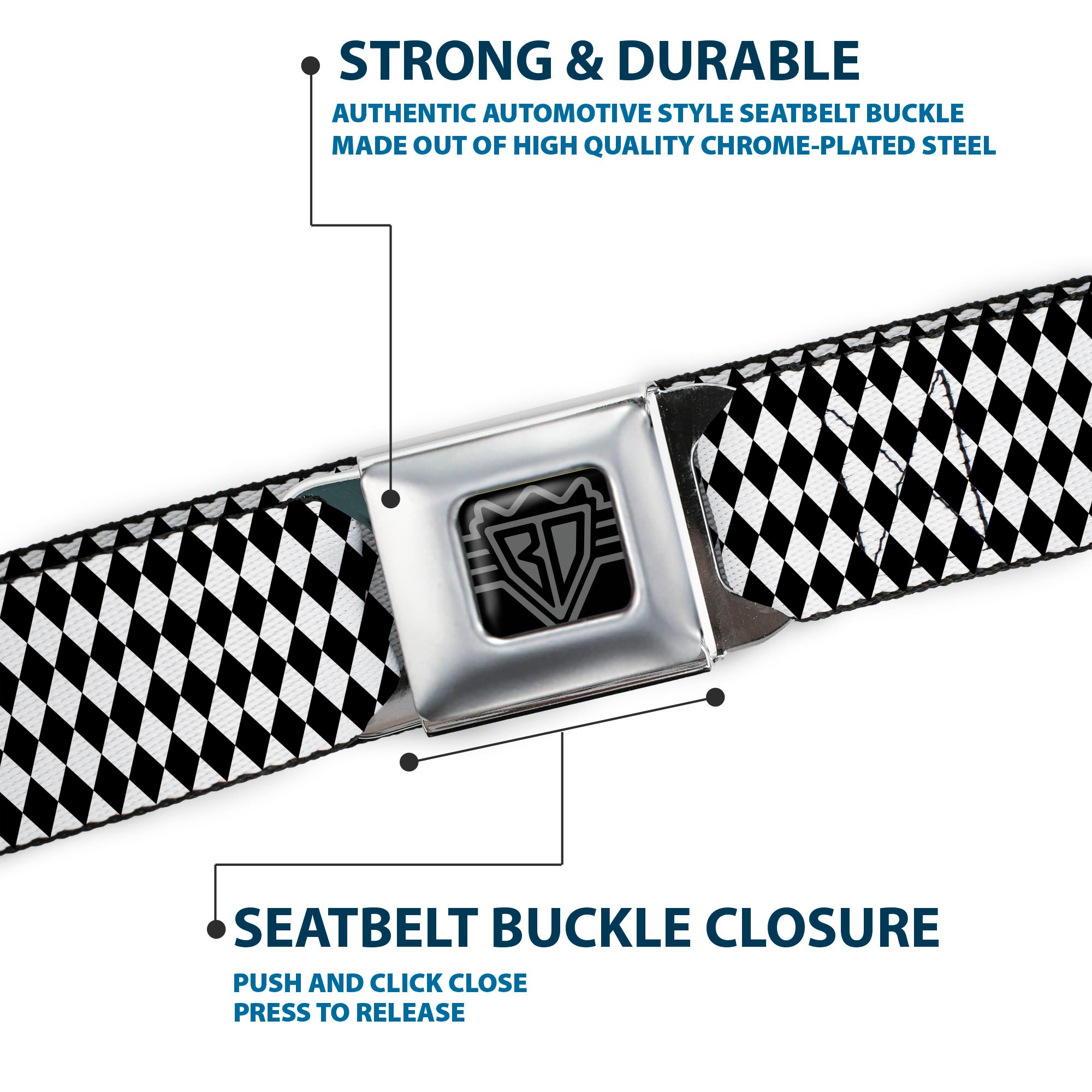 BD Wings Logo CLOSE-UP Full Color Black Silver Seatbelt Belt - Diamonds Stripe White/Black Webbing Seatbelt Belts Buckle-Down