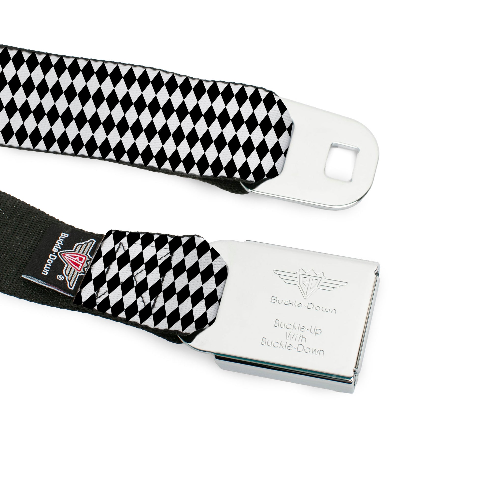 BD Wings Logo CLOSE-UP Full Color Black Silver Seatbelt Belt - Diamonds Stripe White/Black Webbing Seatbelt Belts Buckle-Down
