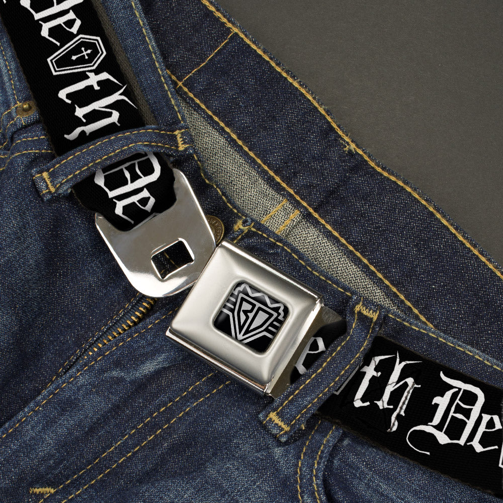 BD Wings Logo CLOSE-UP Full Color Black Silver Seatbelt Belt - DEATH w/Coffin Old English Black/White Webbing Seatbelt Belts Buckle-Down
