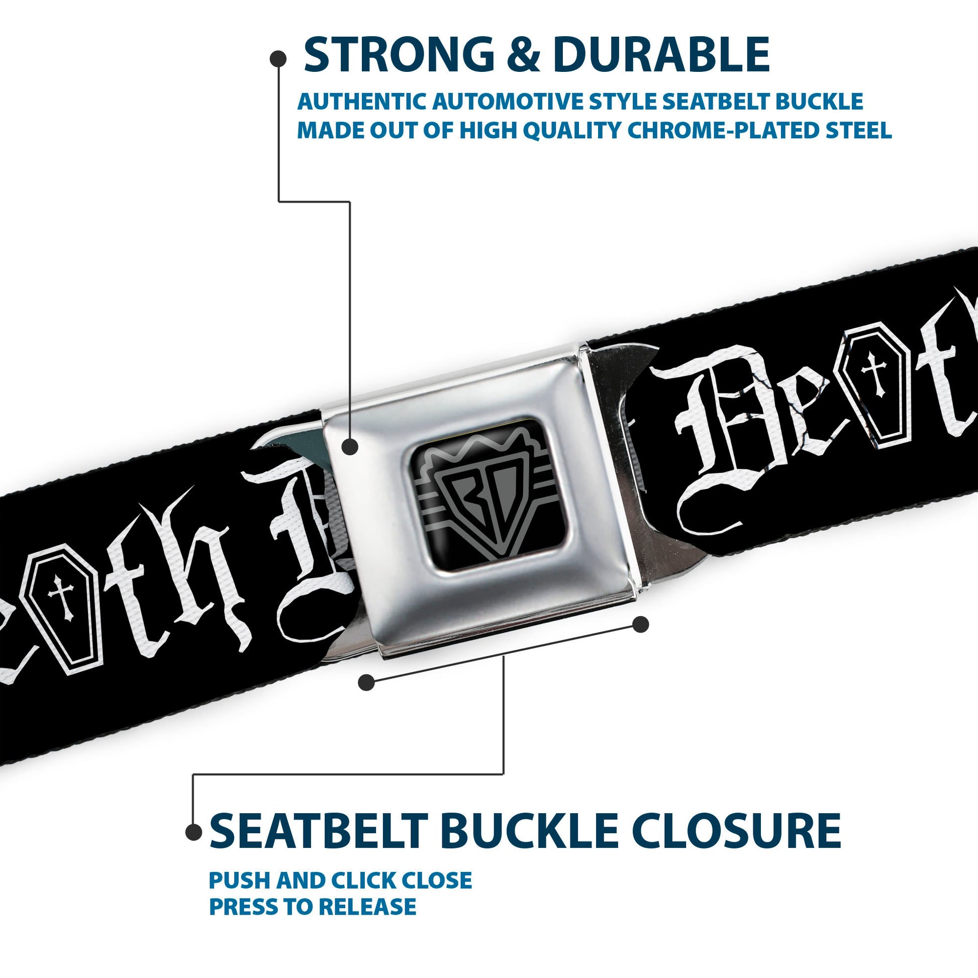 BD Wings Logo CLOSE-UP Full Color Black Silver Seatbelt Belt - DEATH w/Coffin Old English Black/White Webbing Seatbelt Belts Buckle-Down