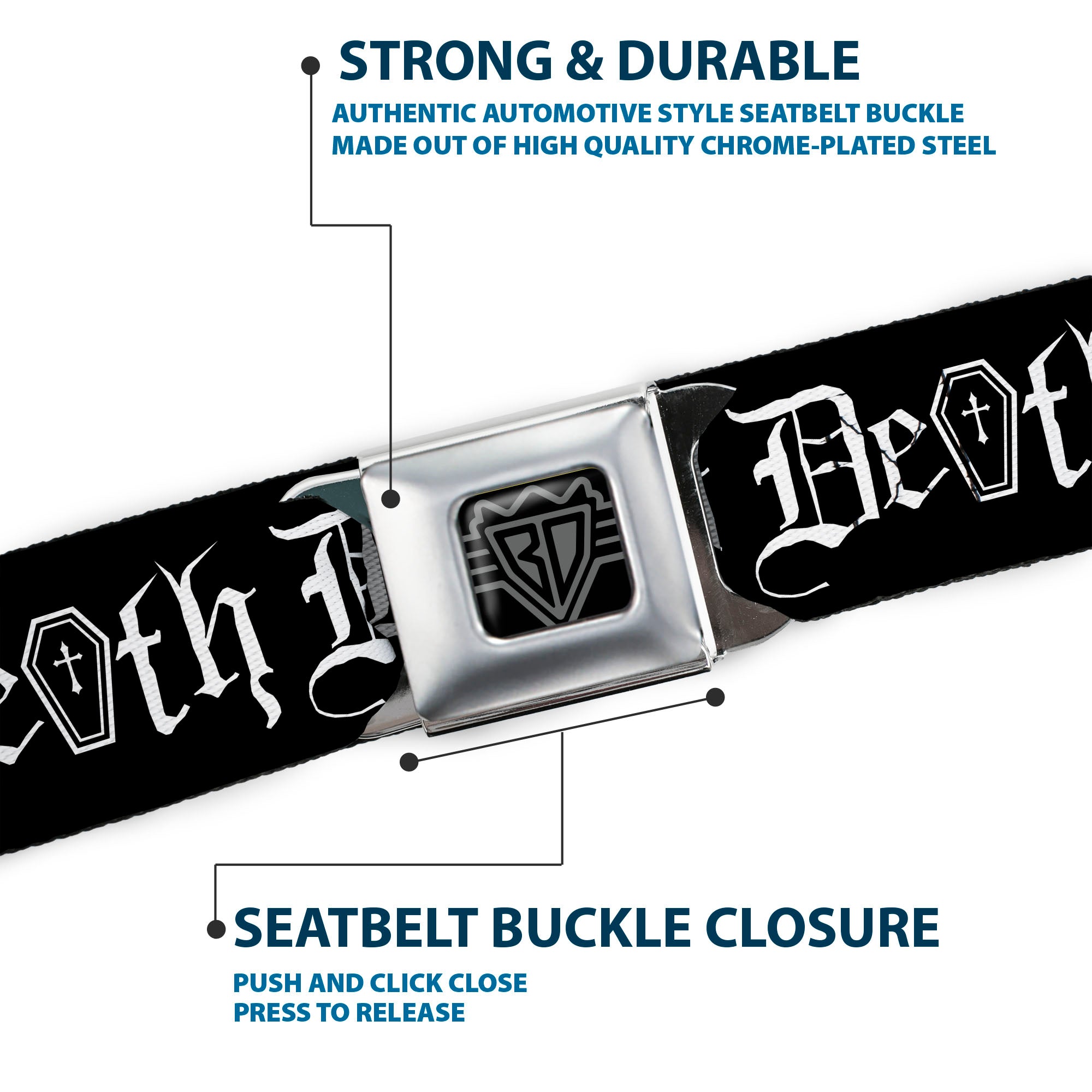 BD Wings Logo CLOSE-UP Full Color Black Silver Seatbelt Belt - DEATH w/Coffin Old English Black/White Webbing Seatbelt Belts Buckle-Down