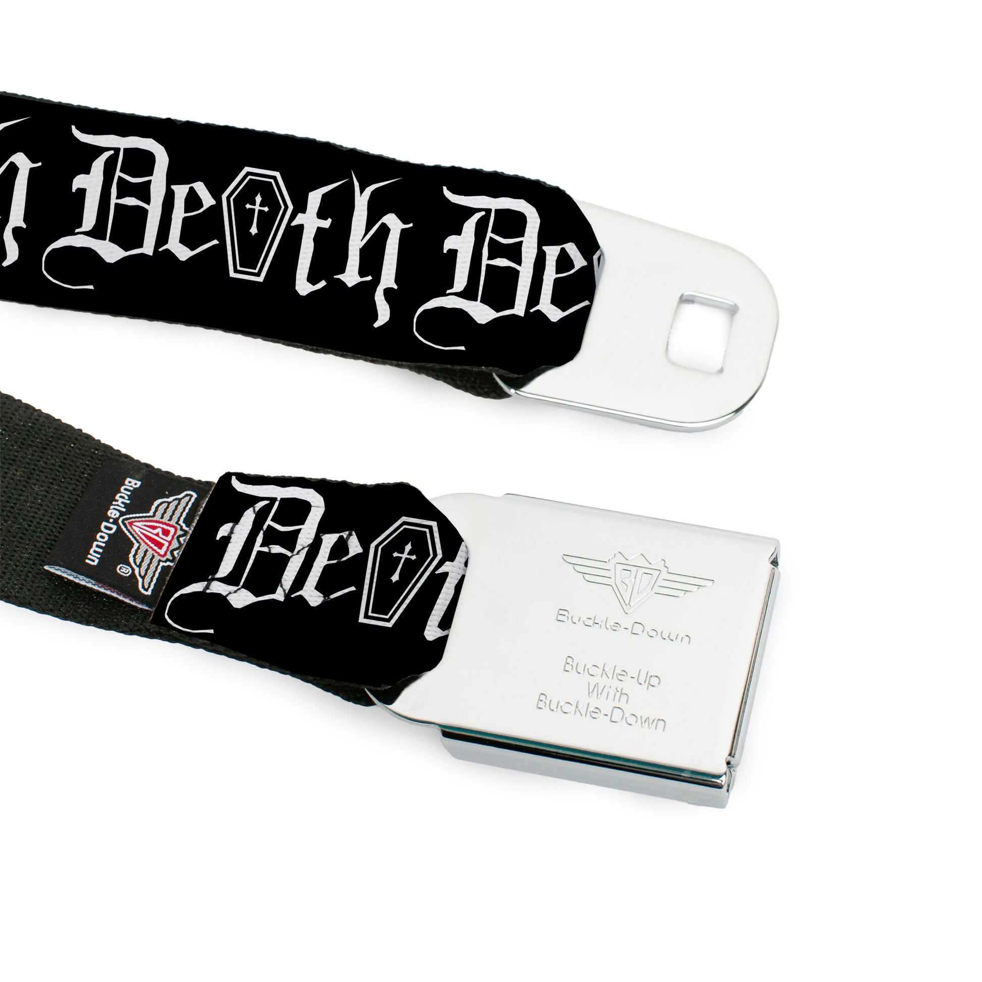 BD Wings Logo CLOSE-UP Full Color Black Silver Seatbelt Belt - DEATH w/Coffin Old English Black/White Webbing Seatbelt Belts Buckle-Down