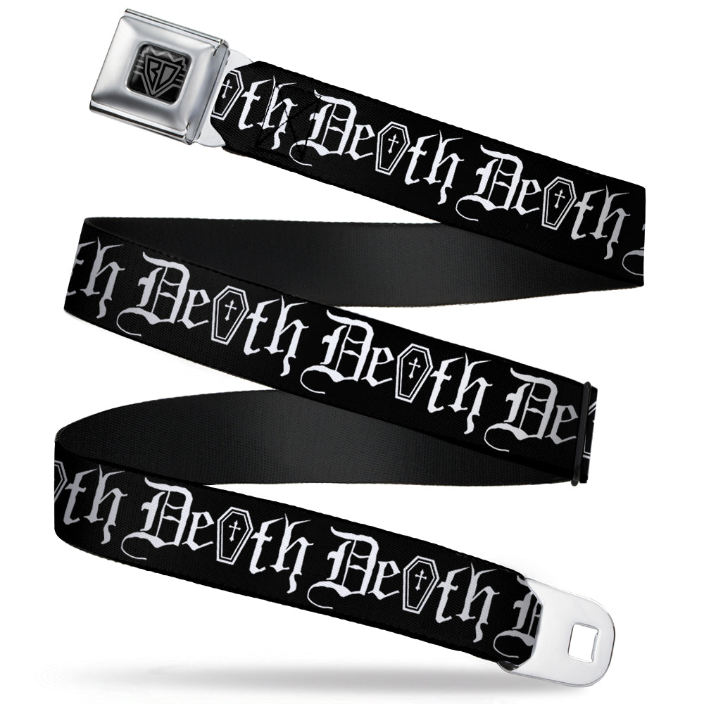 BD Wings Logo CLOSE-UP Full Color Black Silver Seatbelt Belt - DEATH w/Coffin Old English Black/White Webbing Seatbelt Belts Buckle-Down