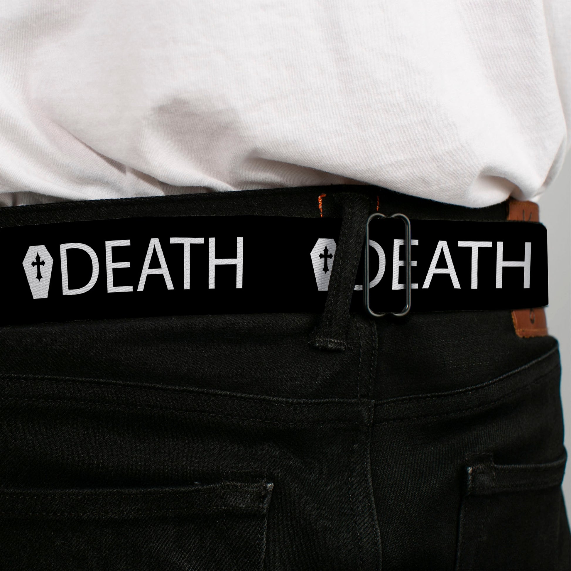 BD Wings Logo CLOSE-UP Full Color Black Silver Seatbelt Belt - DEATH/Coffin Black/White Webbing Seatbelt Belts Buckle-Down