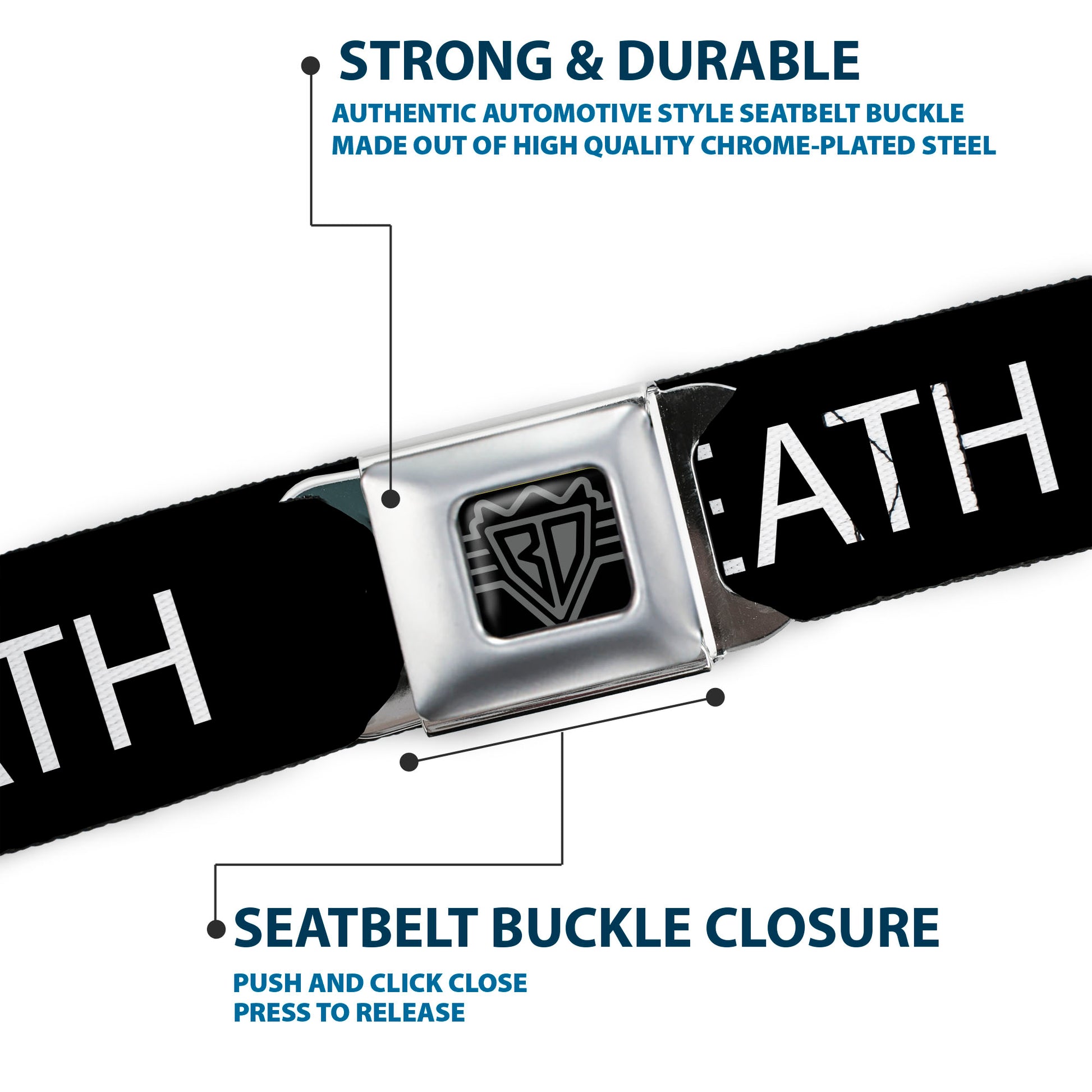 BD Wings Logo CLOSE-UP Full Color Black Silver Seatbelt Belt - DEATH/Coffin Black/White Webbing Seatbelt Belts Buckle-Down